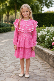Girls Long Sleeve Floral Dress — Rose Pink Ruffle Collar with Button Front