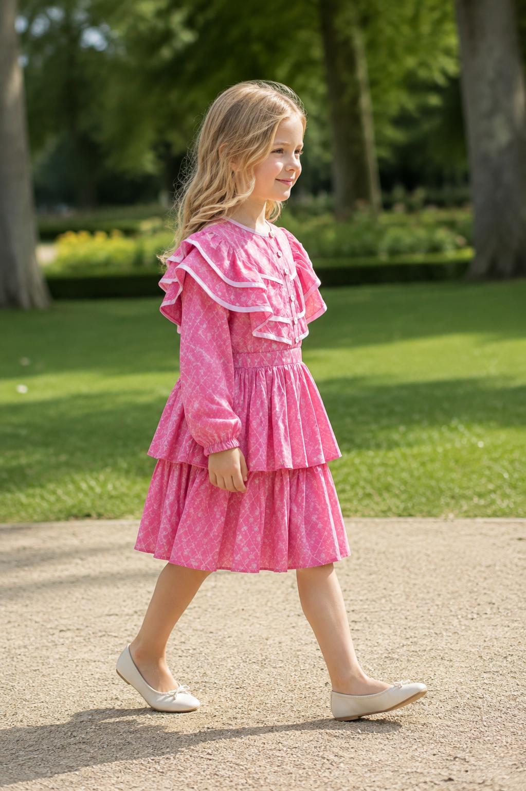 Girls Long Sleeve Floral Dress — Rose Pink Ruffle Collar with Button Front