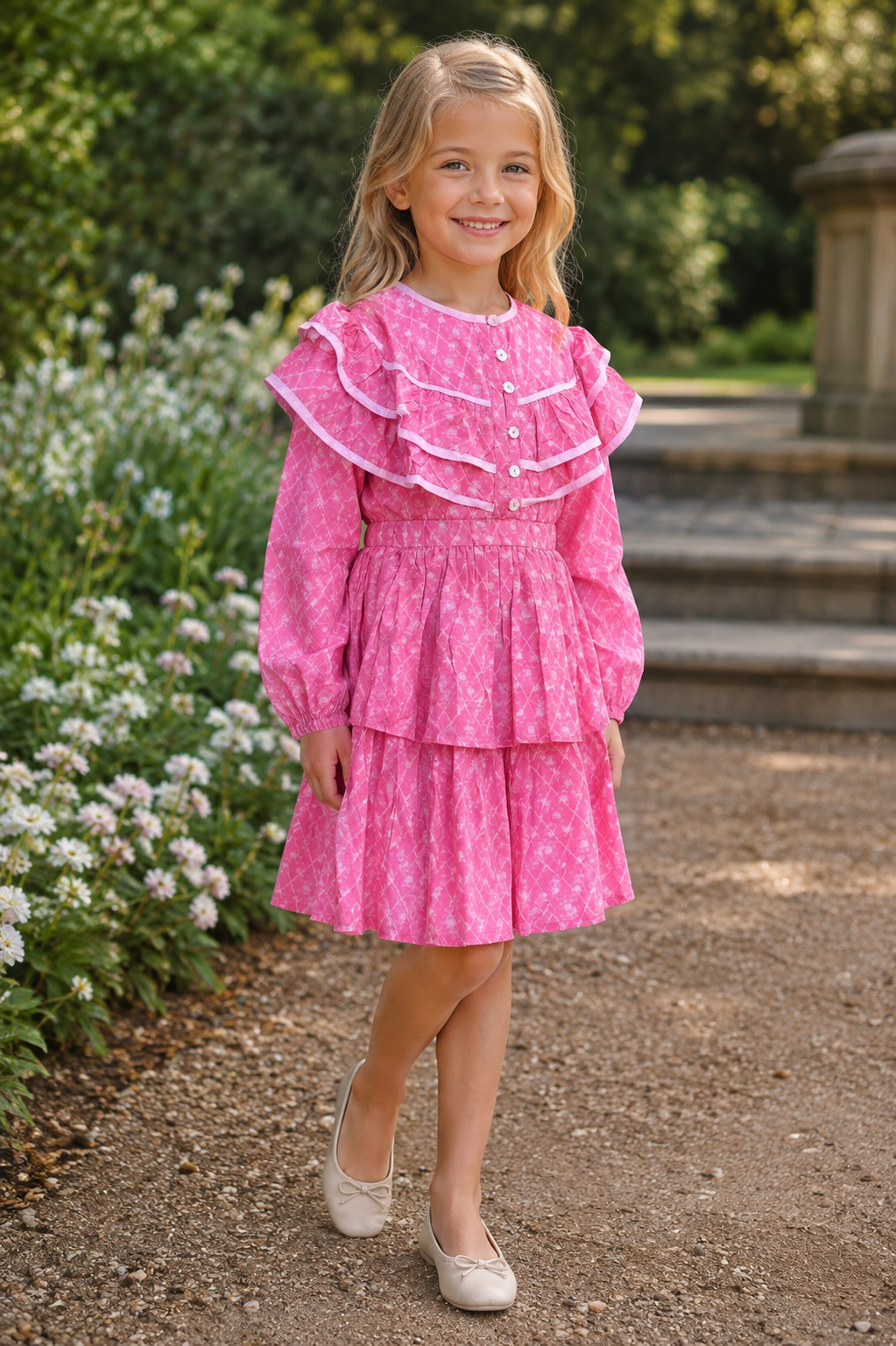 Girls Long Sleeve Floral Dress — Rose Pink Ruffle Collar with Button Front