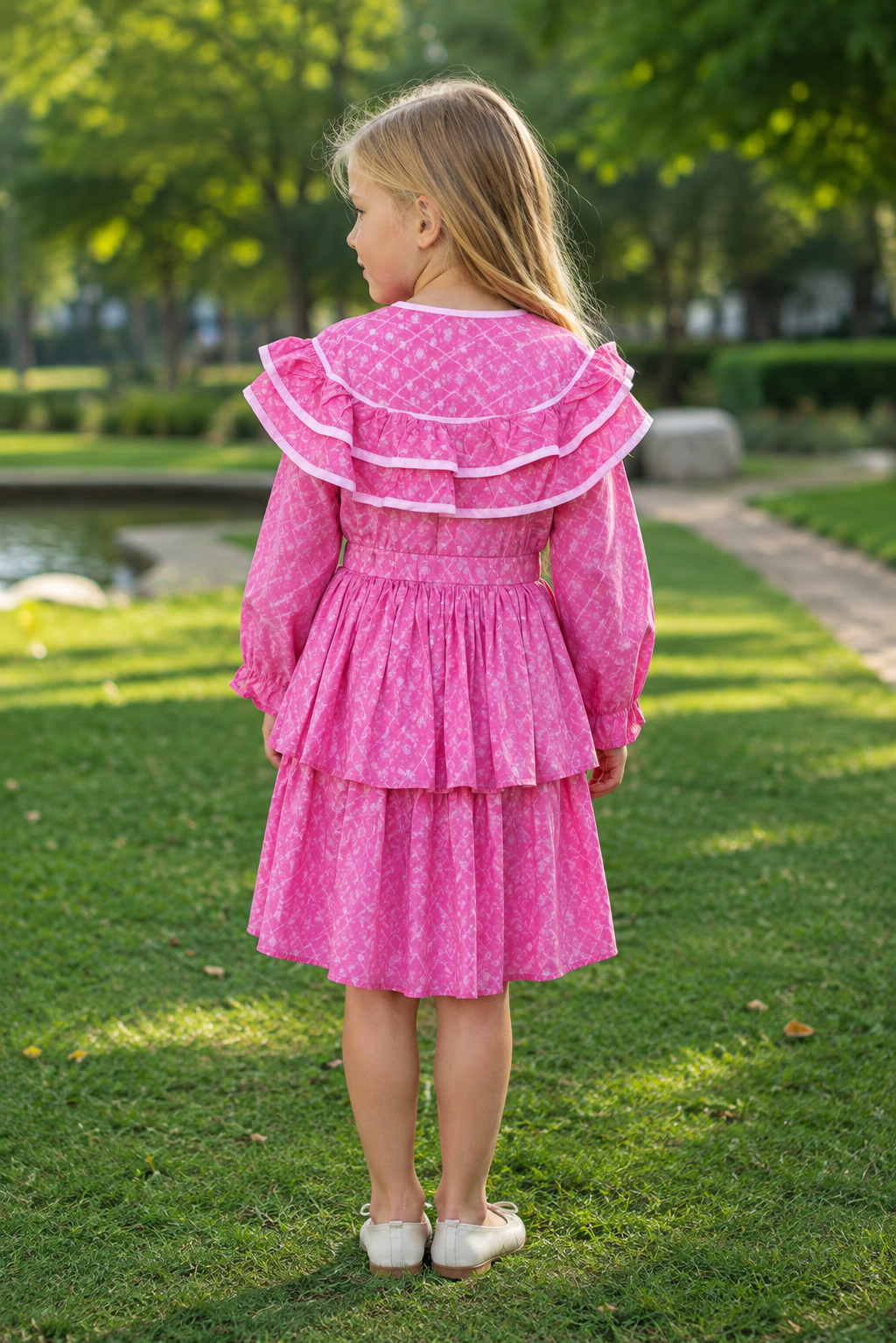 Girls Long Sleeve Floral Dress — Rose Pink Ruffle Collar with Button Front