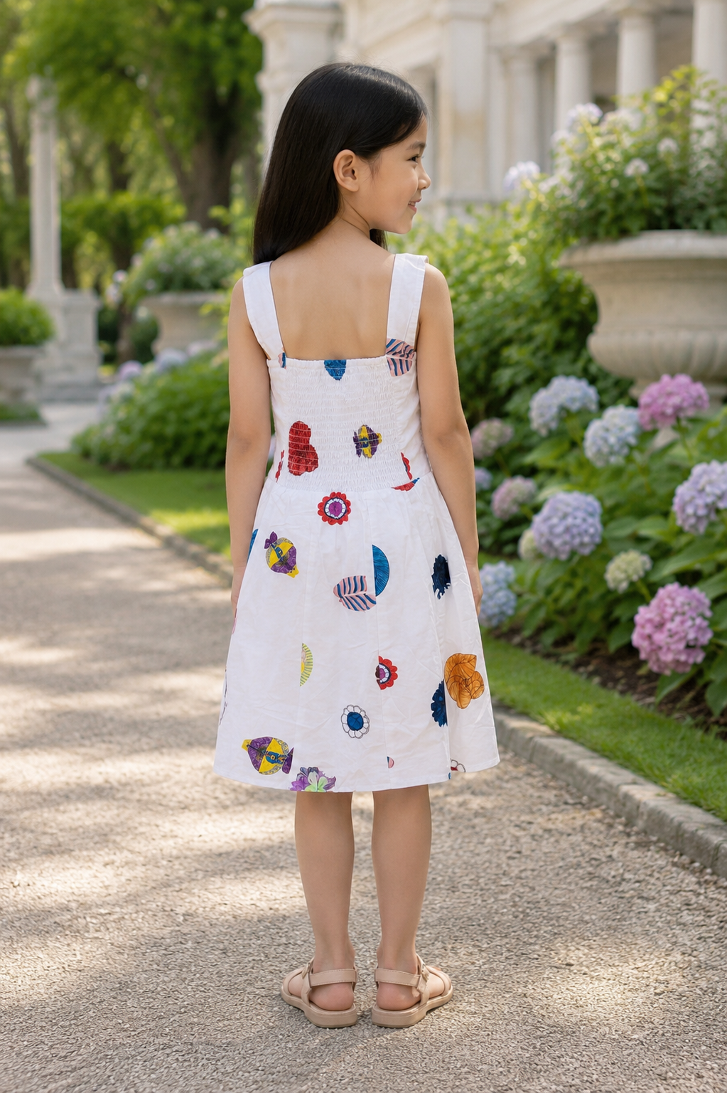 Girls Sleeveless A-Line Dress — White Watercolor Botanical Print