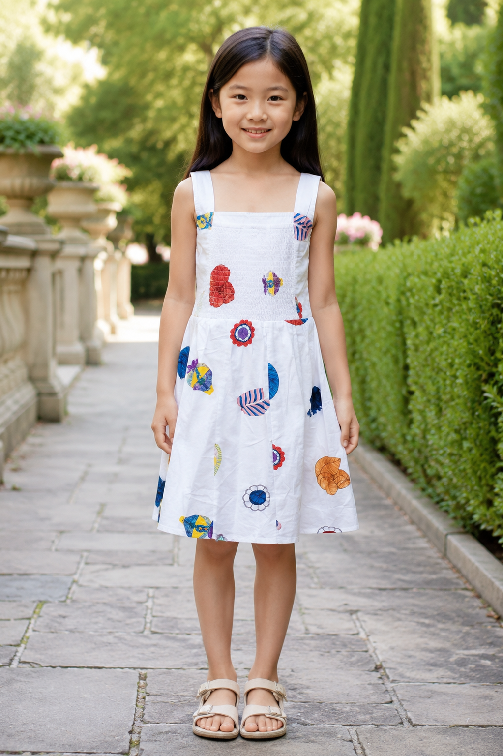 Girls Sleeveless A-Line Dress — White Watercolor Botanical Print