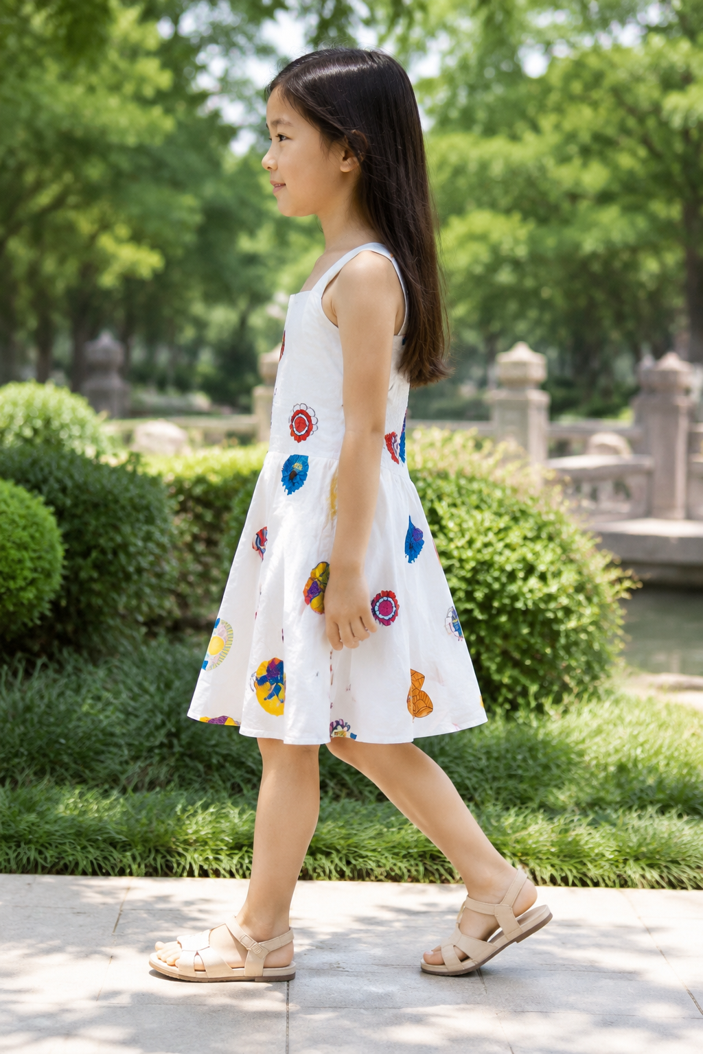 Girls Sleeveless A-Line Dress — White Watercolor Botanical Print