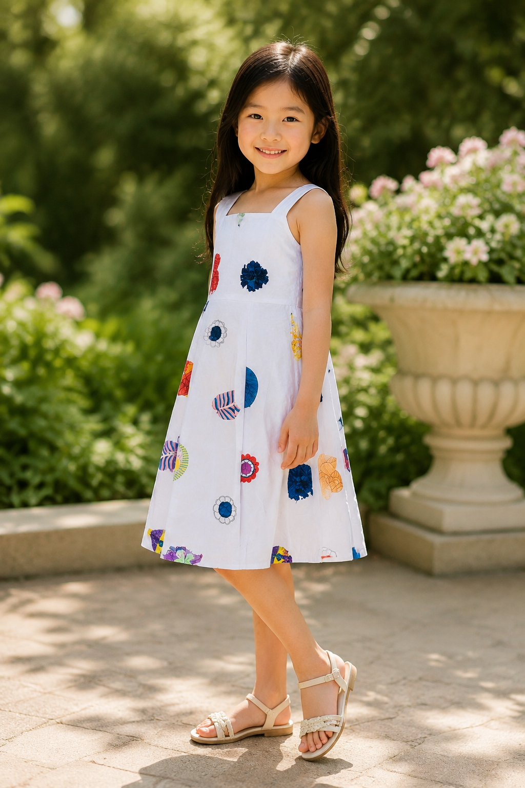 Girls Sleeveless A-Line Dress — White Watercolor Botanical Print