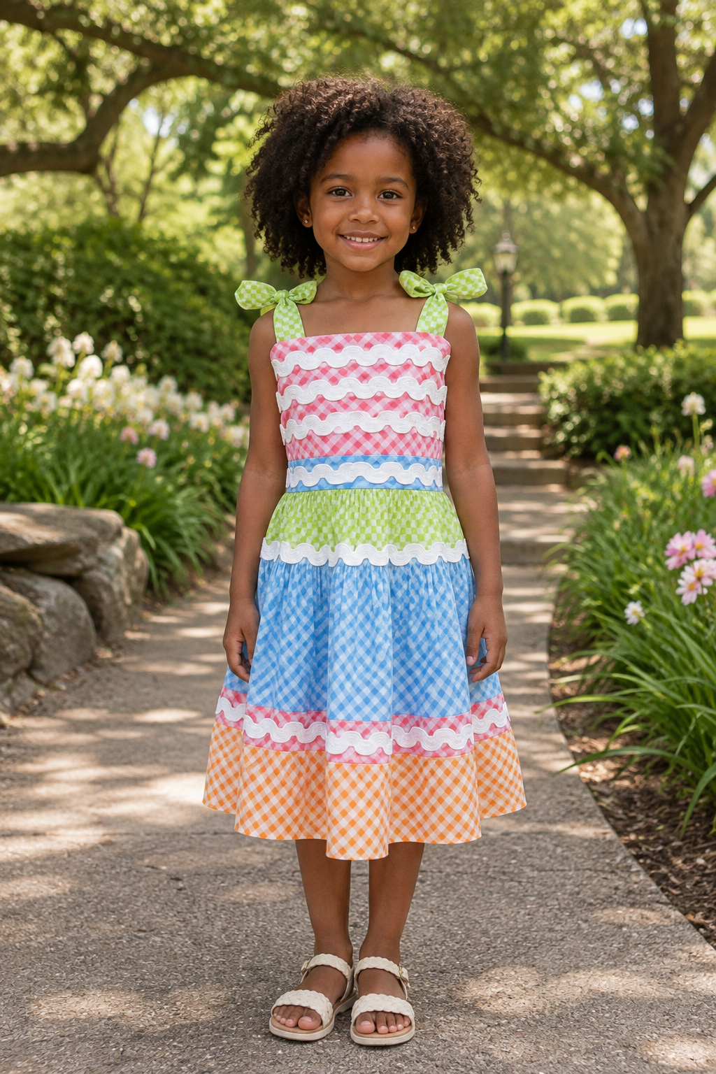 Girls Gingham Tiered Dress — Rainbow Check with Rickrack Trim and Tie Straps