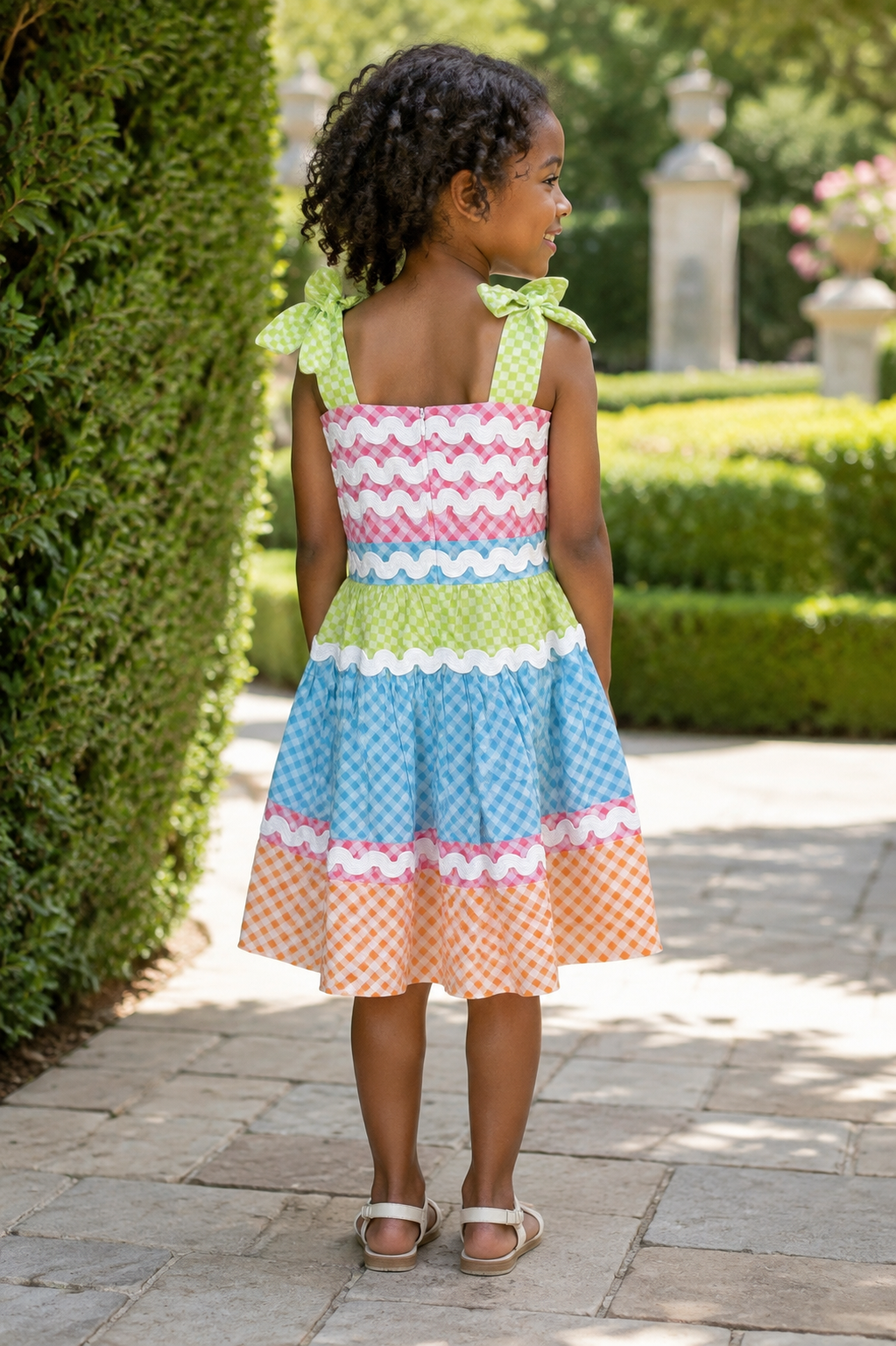 Girls Gingham Tiered Dress — Rainbow Check with Rickrack Trim and Tie Straps