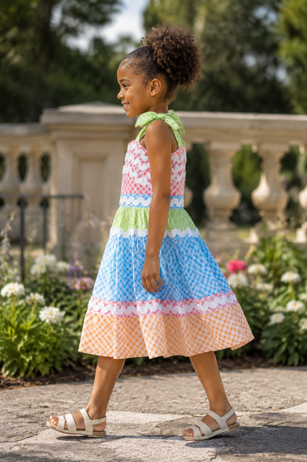 Girls Gingham Tiered Dress — Rainbow Check with Rickrack Trim and Tie Straps
