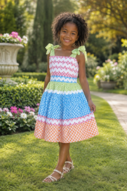 Girls Gingham Tiered Dress — Rainbow Check with Rickrack Trim and Tie Straps