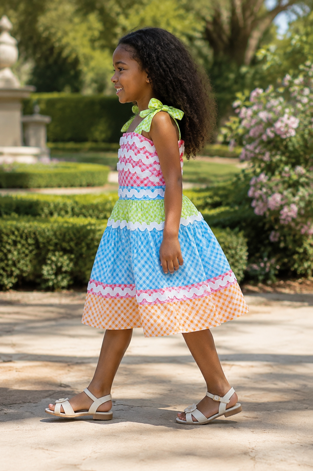 Girls Gingham Tiered Dress — Rainbow Check with Rickrack Trim and Tie Straps