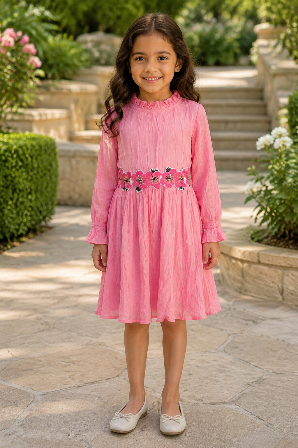 Girls Long Sleeve Crinkle Dress — Coral with Floral Embroidered Waist and Ruffle Neck