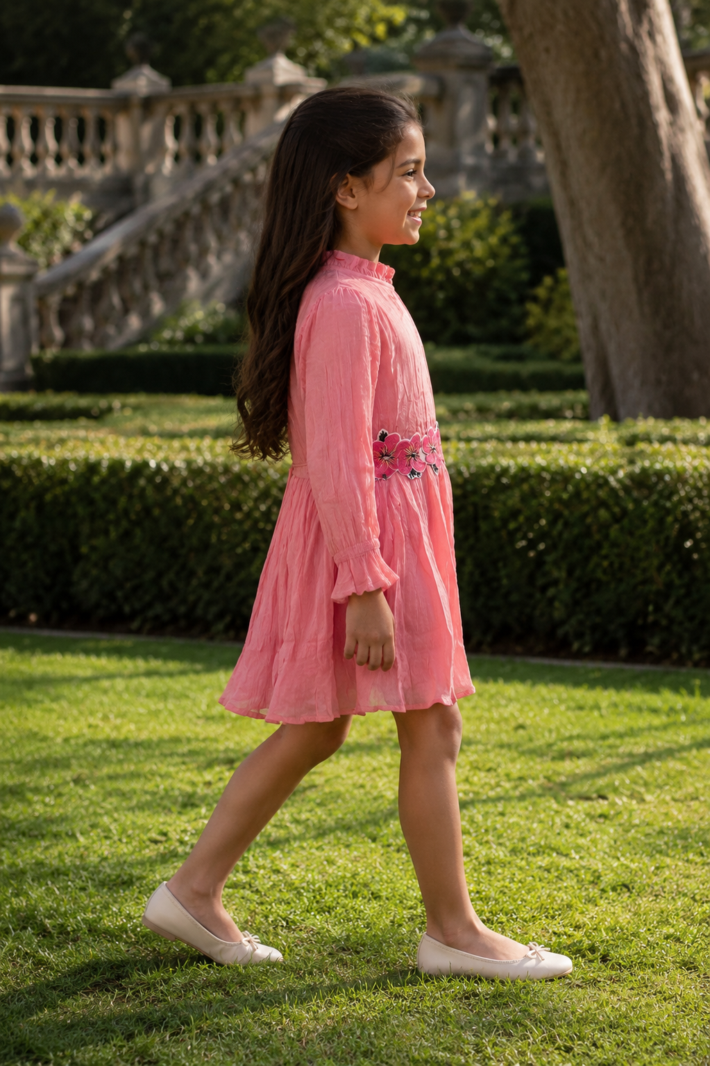 Girls Long Sleeve Crinkle Dress — Coral with Floral Embroidered Waist and Ruffle Neck