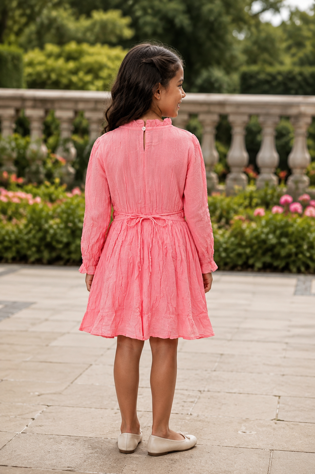 Girls Long Sleeve Crinkle Dress — Coral with Floral Embroidered Waist and Ruffle Neck