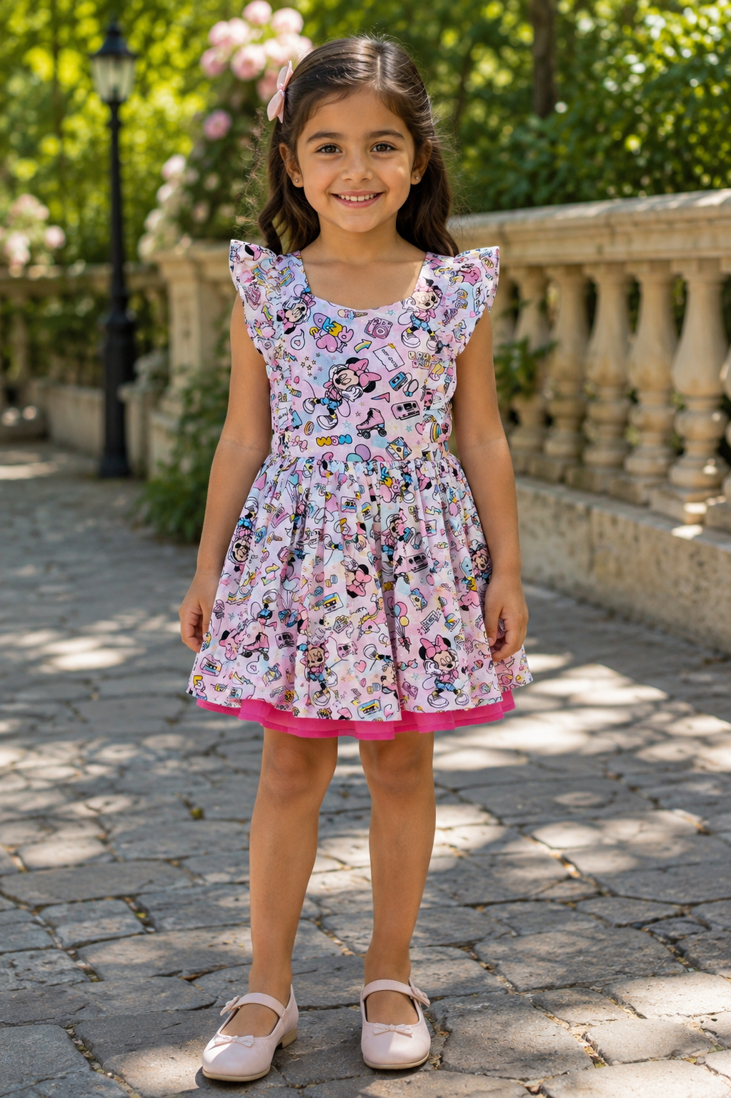 Girls Flutter Sleeve Twirl Dress — Pastel Retro Cartoon Doodle Print