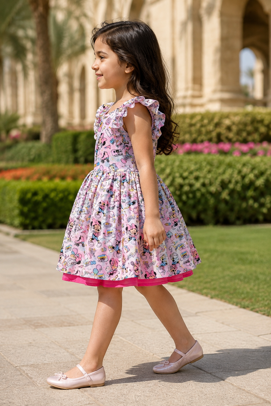 Girls Flutter Sleeve Twirl Dress — Pastel Retro Cartoon Doodle Print