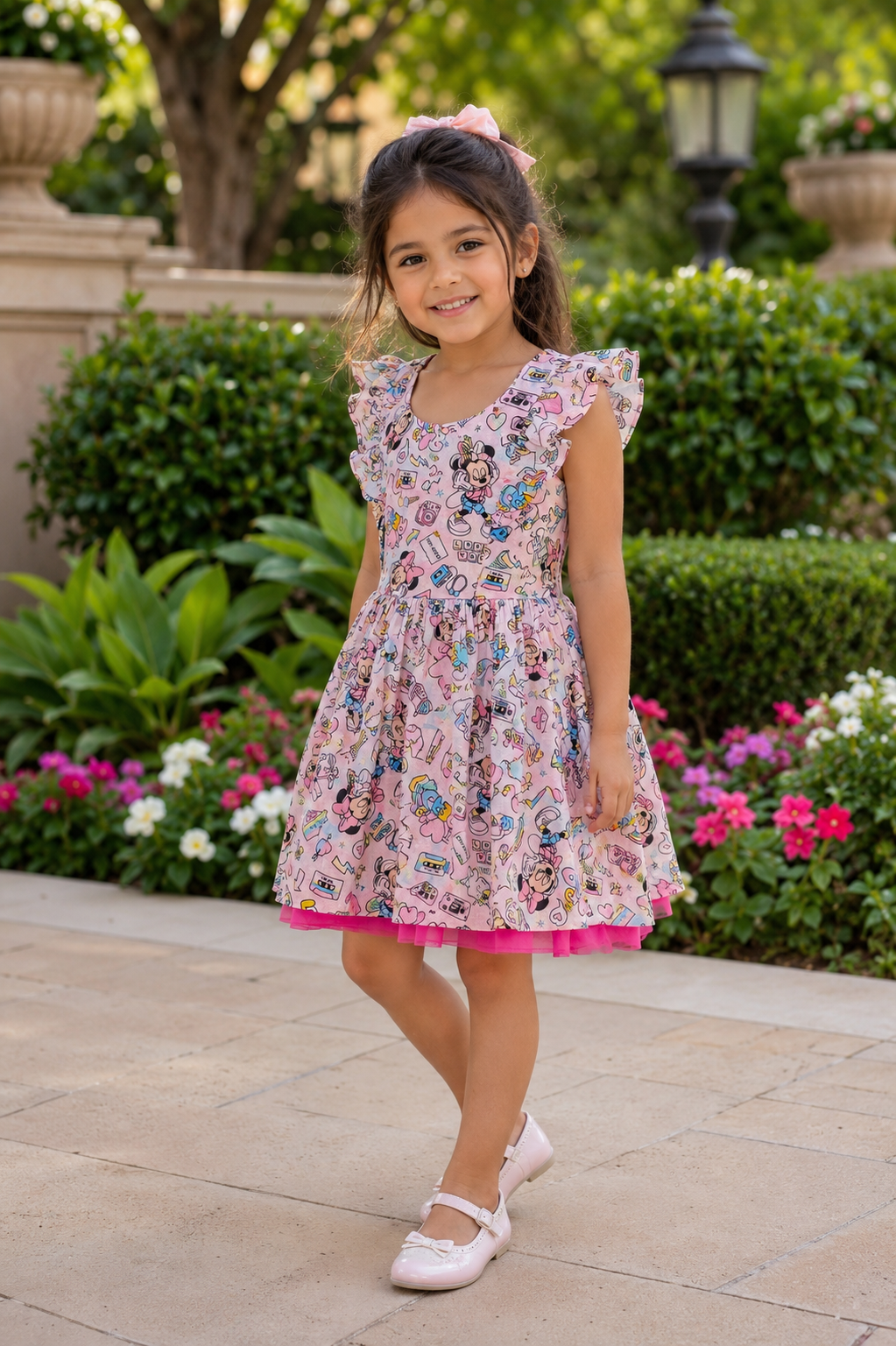 Girls Flutter Sleeve Twirl Dress — Pastel Retro Cartoon Doodle Print