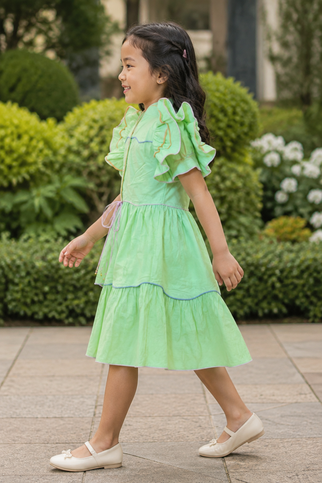 Girls Ruffle Sleeve Tiered Dress — Mint Green with Contrast Piping and Bell Ties