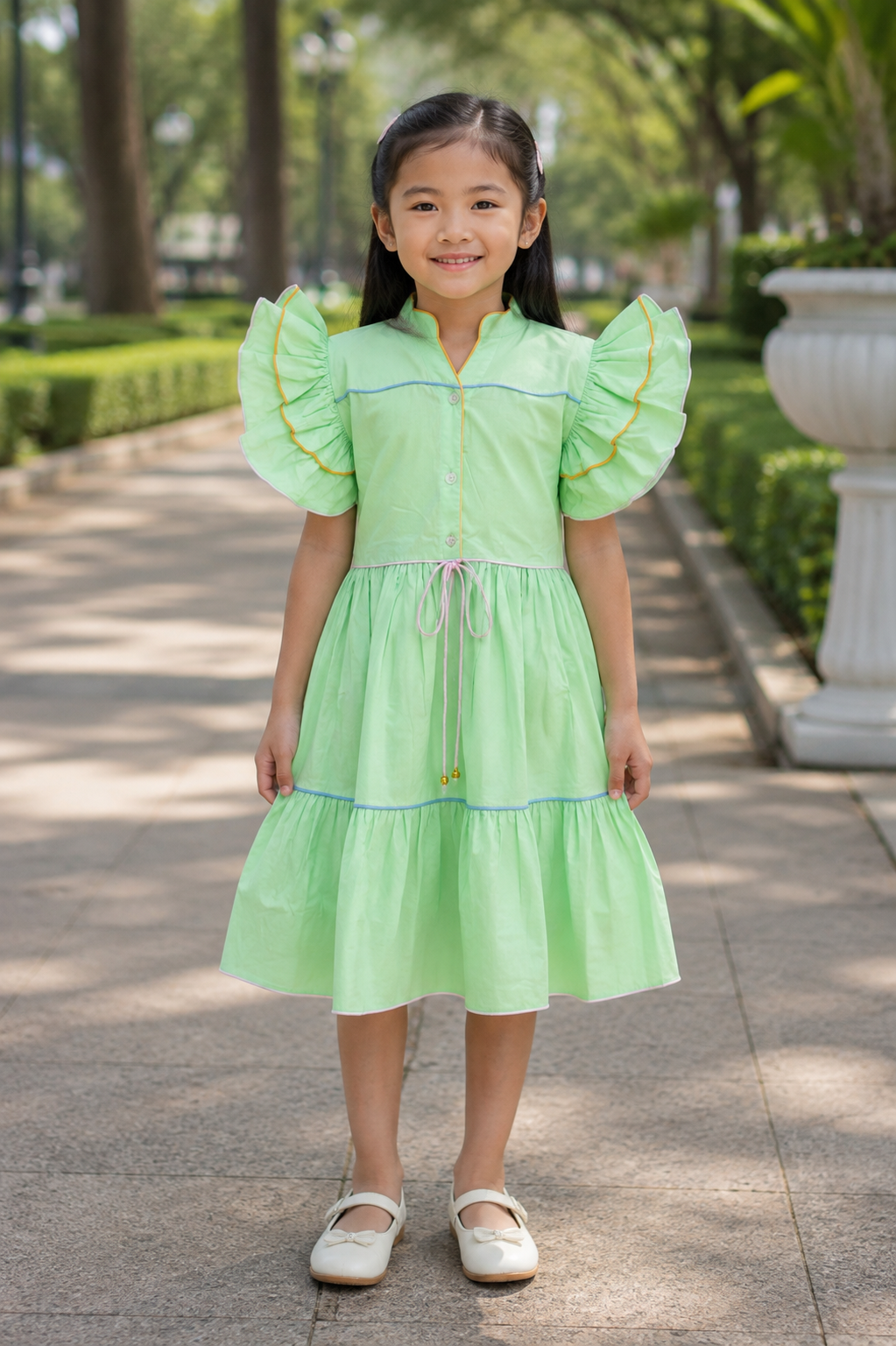 Girls Ruffle Sleeve Tiered Dress — Mint Green with Contrast Piping and Bell Ties