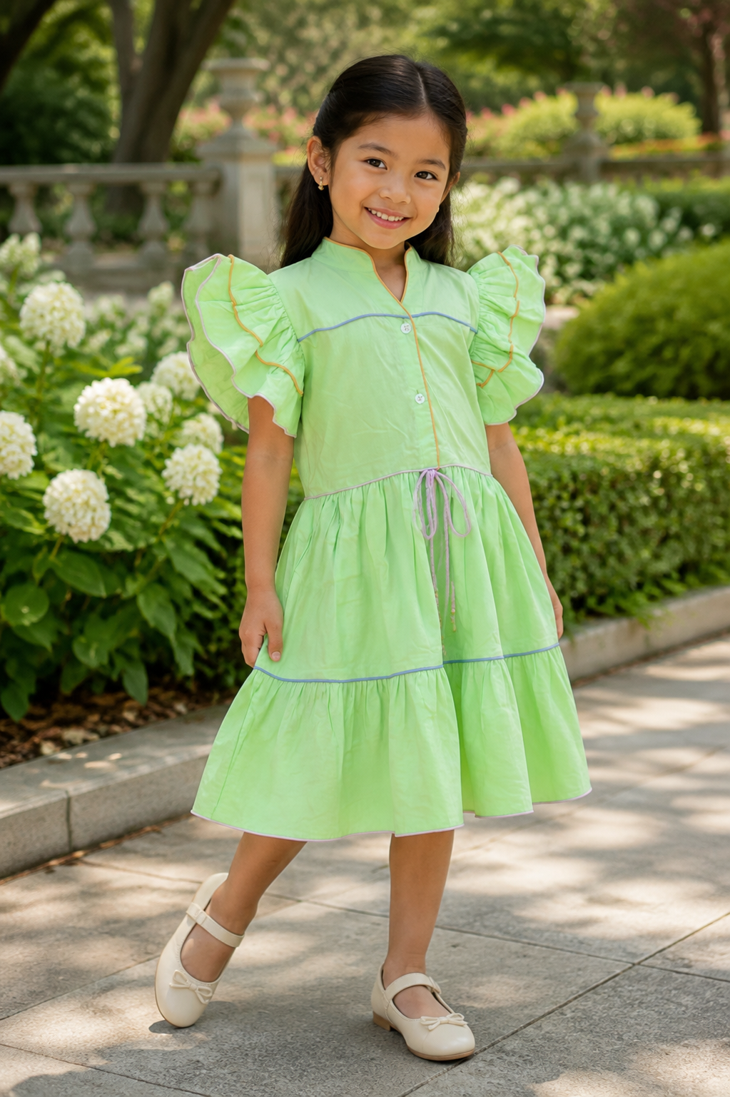 Girls Ruffle Sleeve Tiered Dress — Mint Green with Contrast Piping and Bell Ties