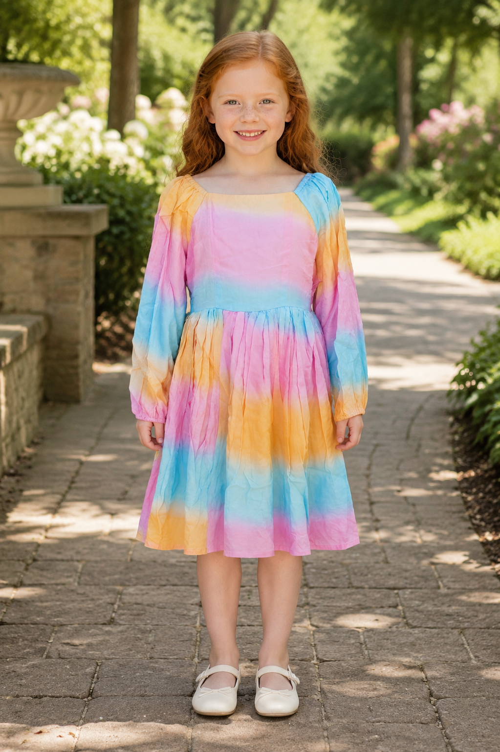 Girls Long Sleeve Babydoll Dress — Pastel Rainbow Ombre
