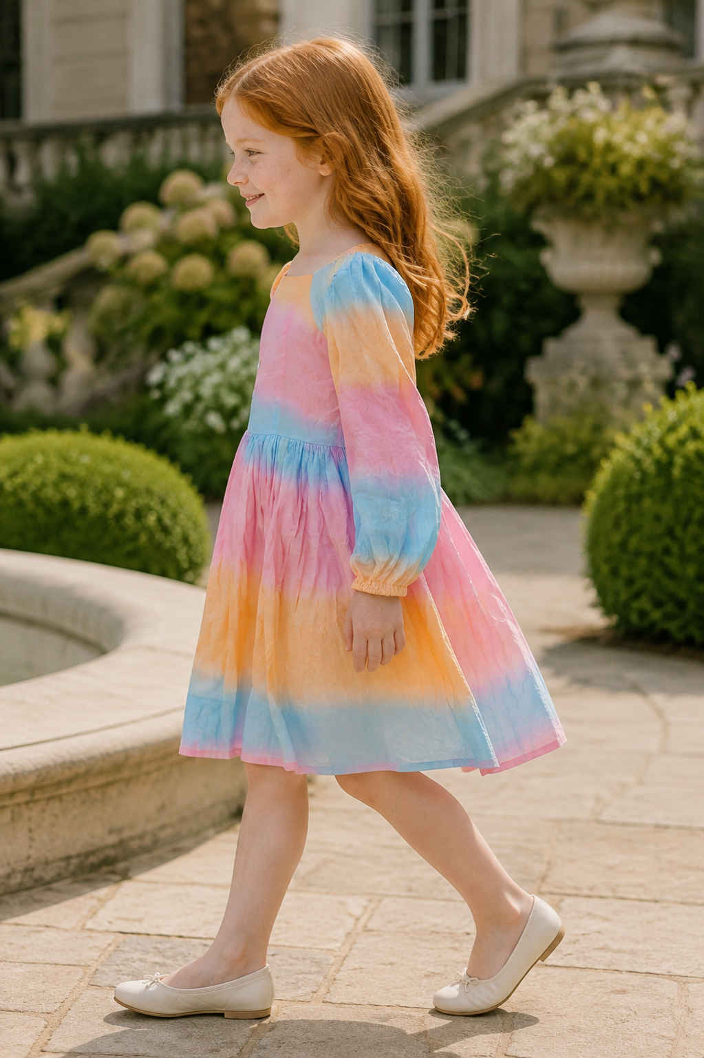 Girls Long Sleeve Babydoll Dress — Pastel Rainbow Ombre