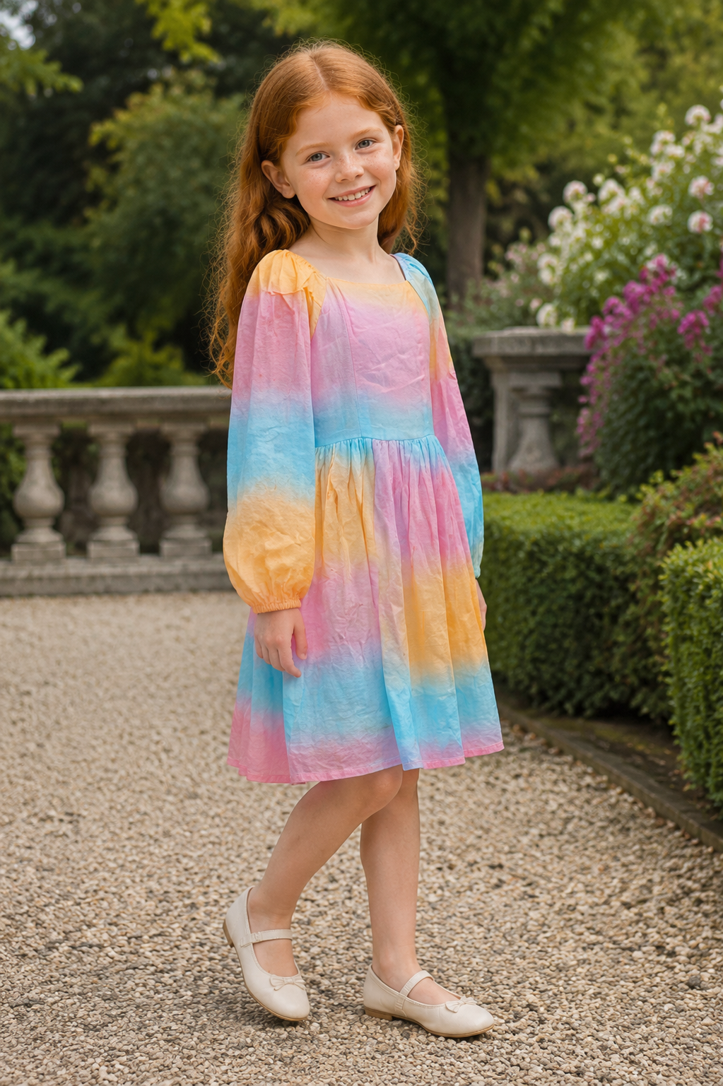 Girls Long Sleeve Babydoll Dress — Pastel Rainbow Ombre