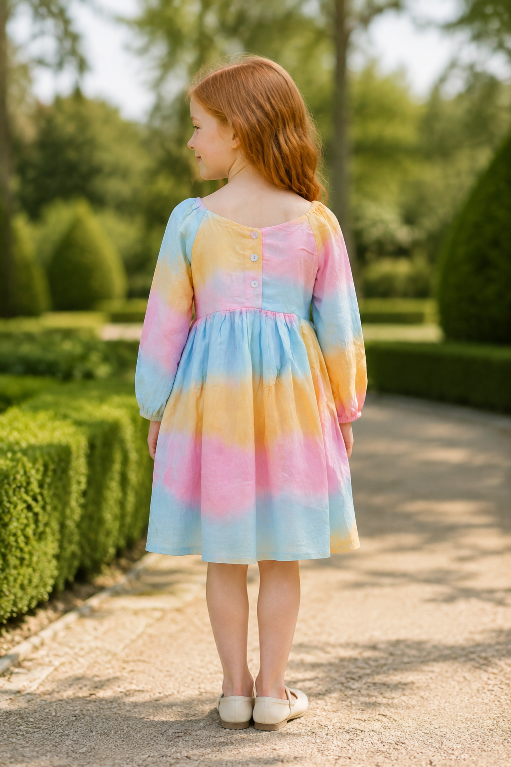 Girls Long Sleeve Babydoll Dress — Pastel Rainbow Ombre