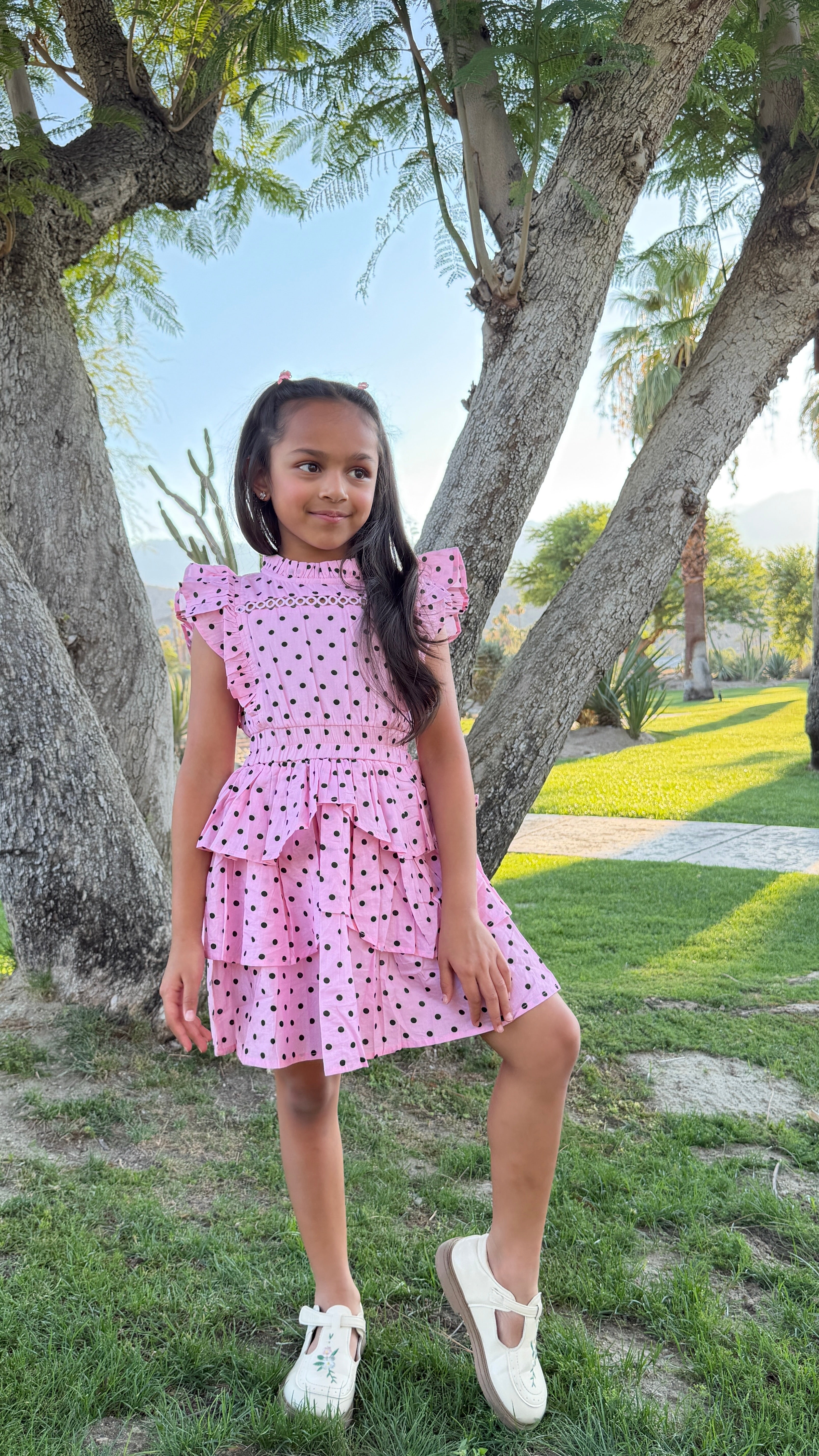 Girls Polka Dot Ruffle Dress — Pink and Black with Smocked Waist