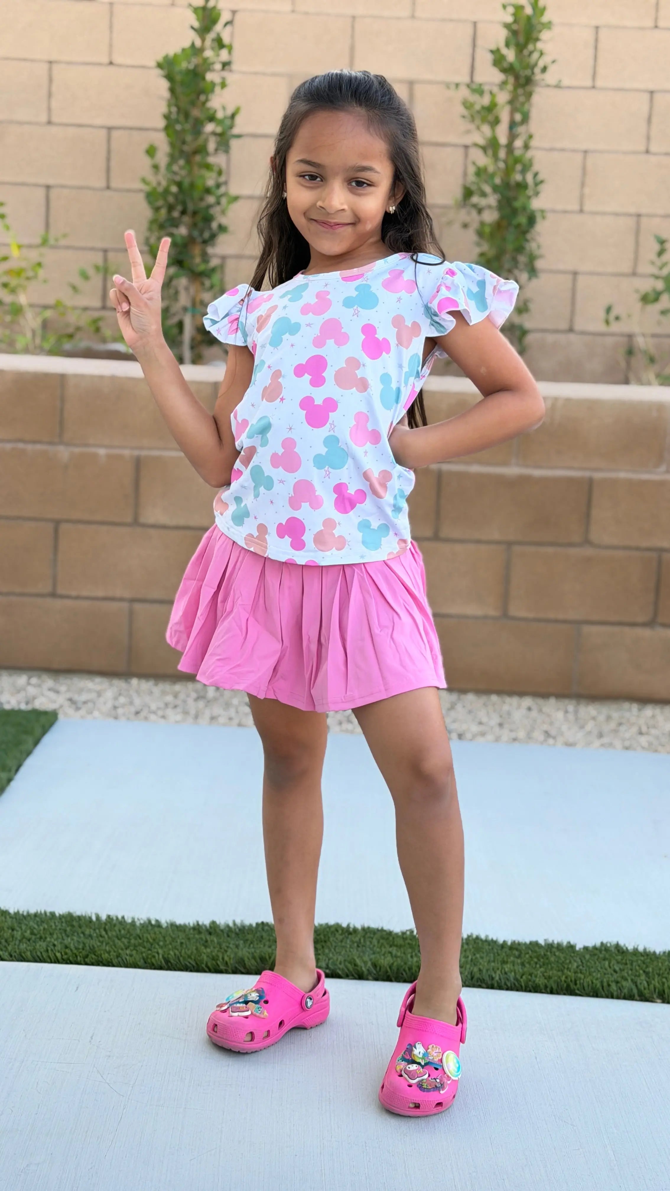 Girls Ruffle Top & Skirt Set (With Shorts) – Pastel Minnie Print