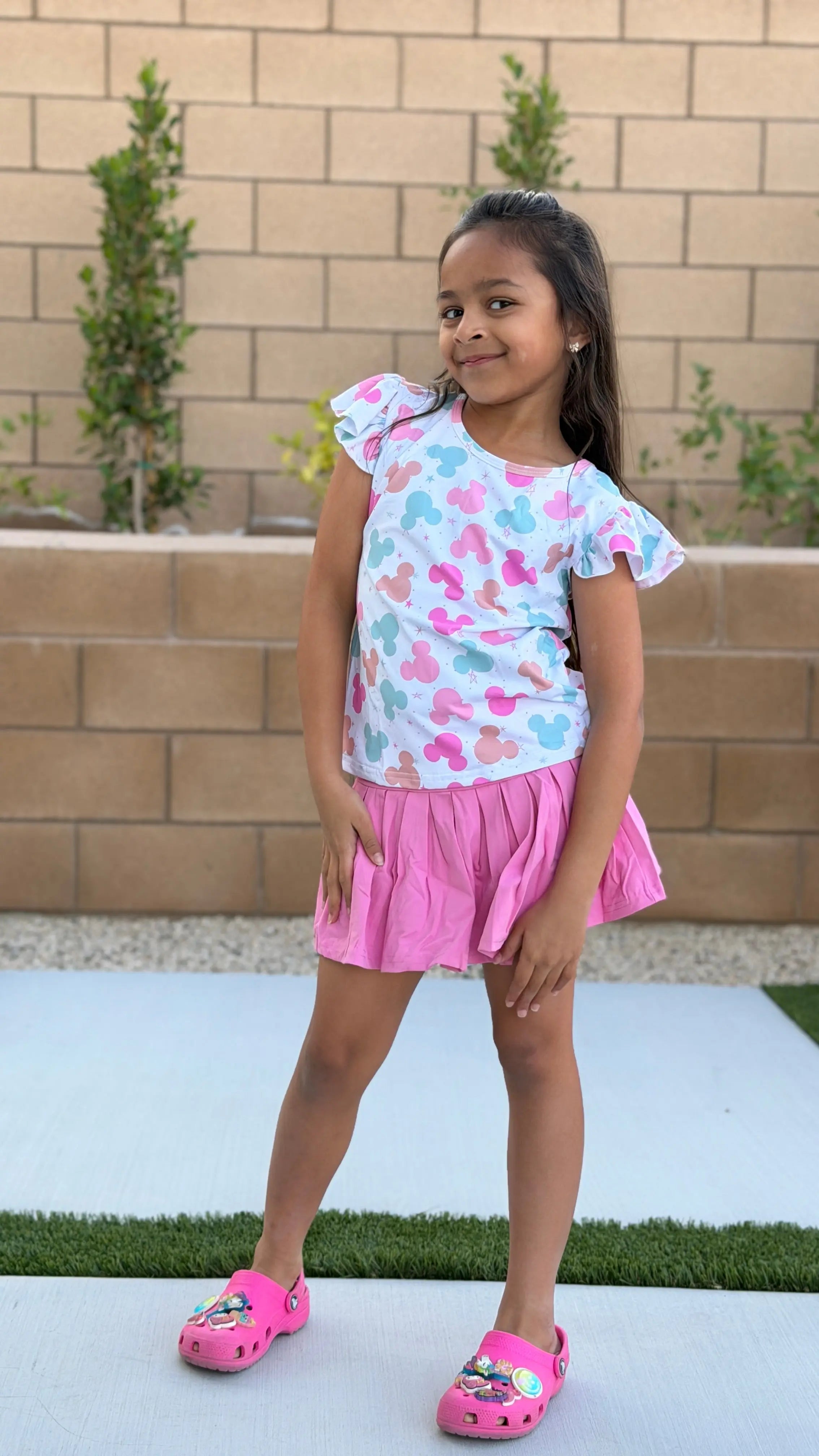 Girls Ruffle Top & Skirt Set (With Shorts) – Pastel Minnie Print