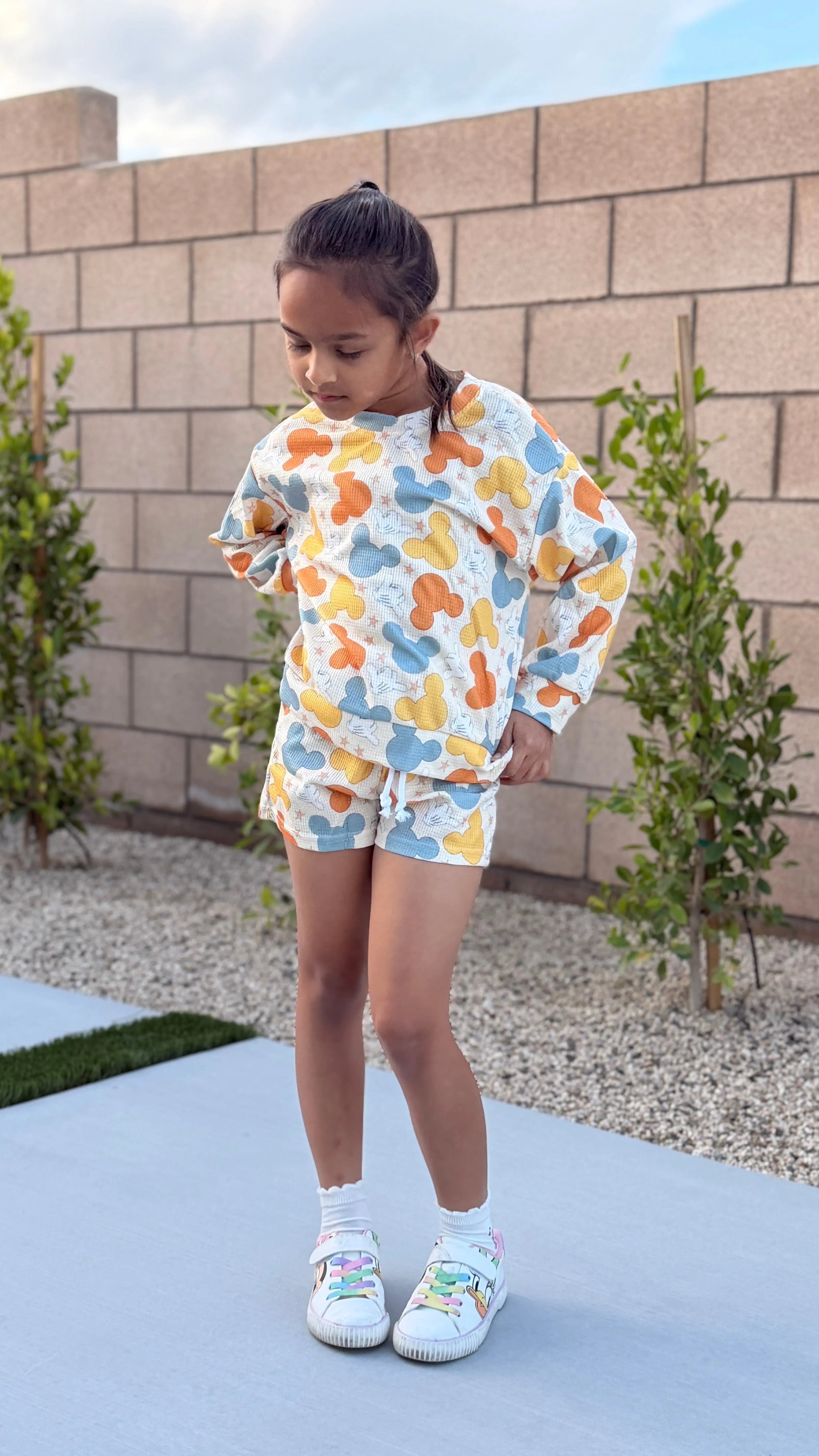 Girls Waffle Lounge Set – Multicolor Character Print