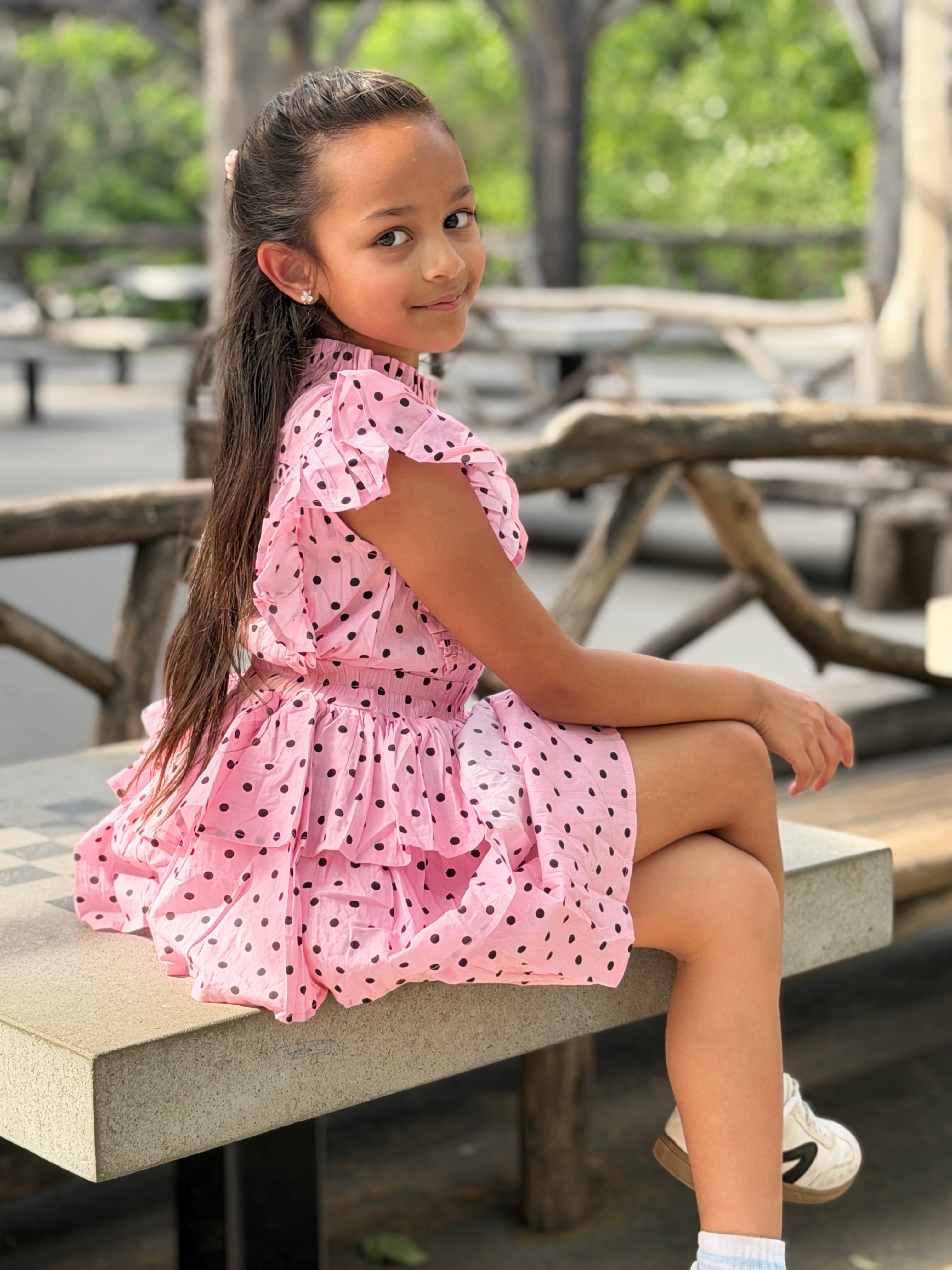 Girls Polka Dot Ruffle Dress — Pink and Black with Smocked Waist