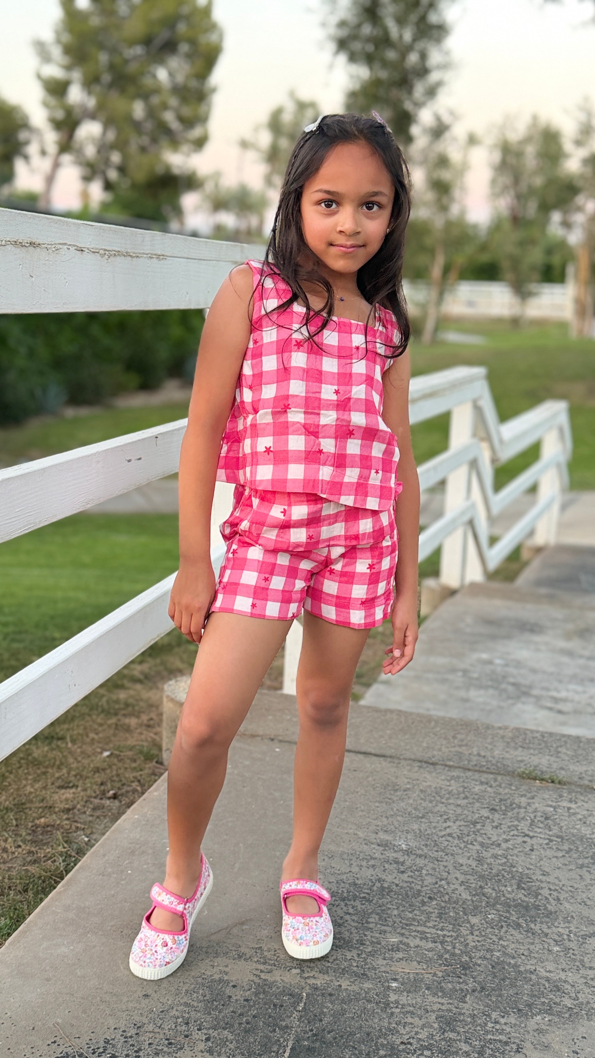 Girls Gingham Top and Shorts Set — Hot Pink Star Embroidery