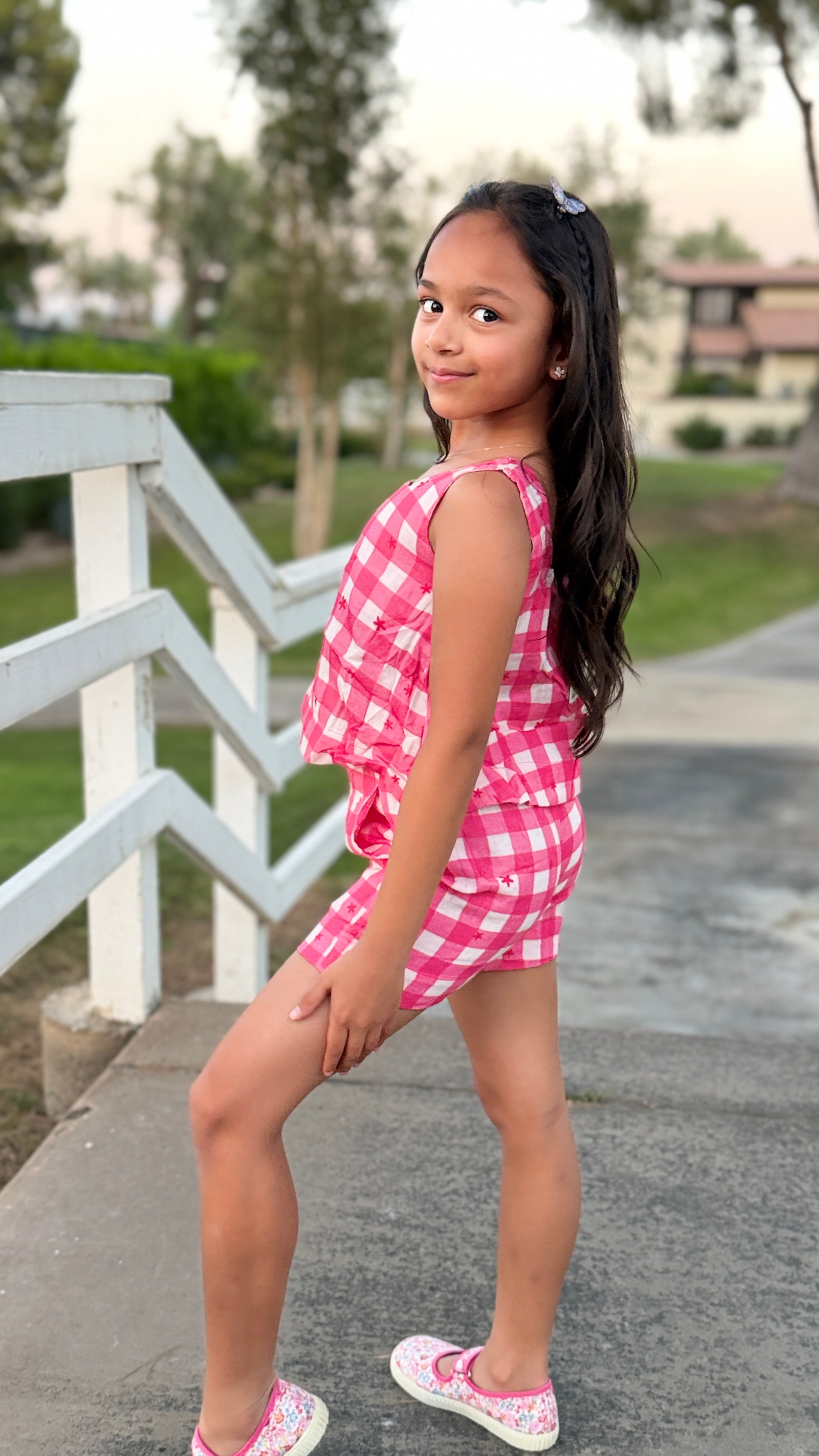 Girls Gingham Top and Shorts Set — Hot Pink Star Embroidery