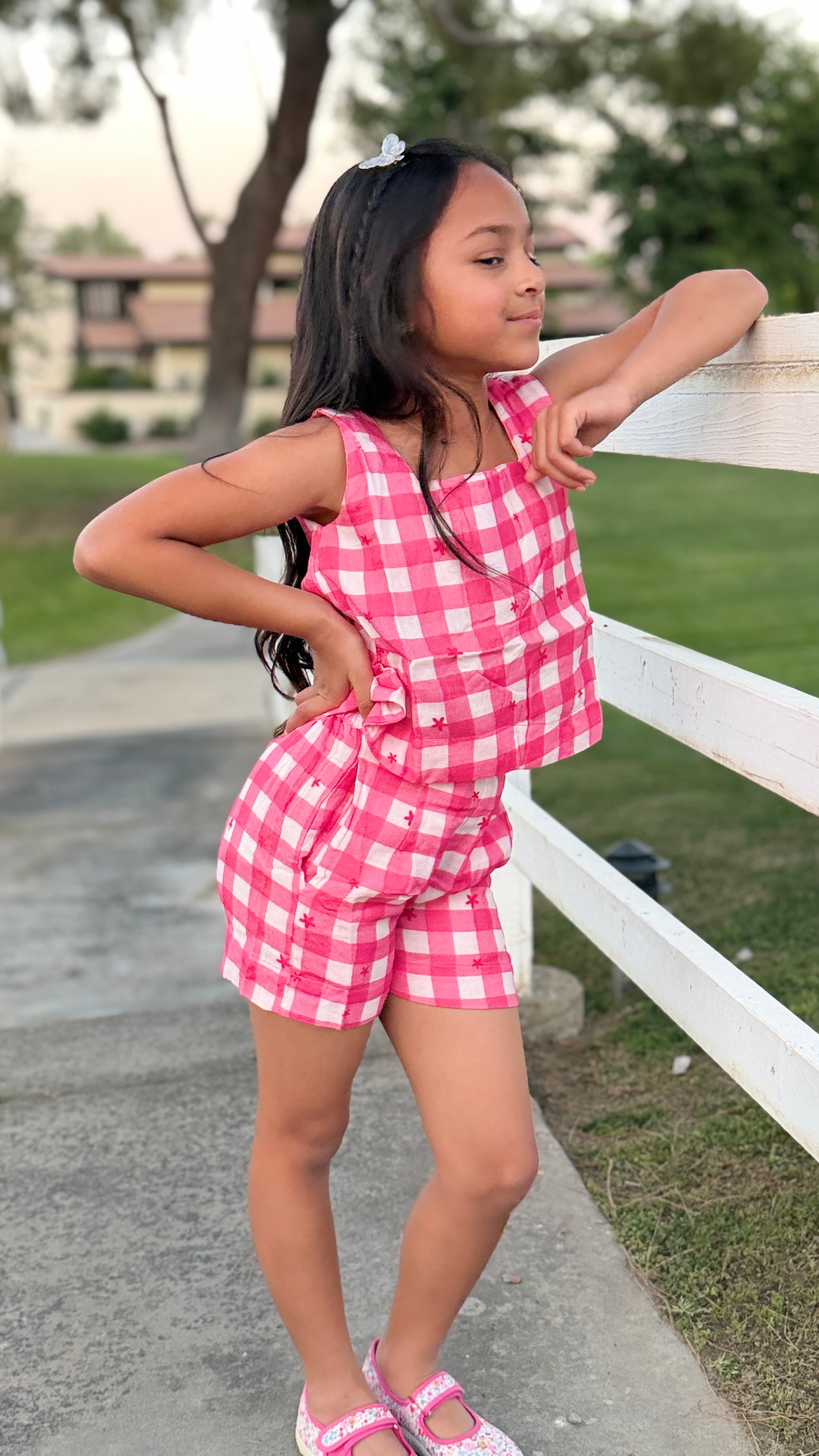 Girls Gingham Top and Shorts Set — Hot Pink Star Embroidery