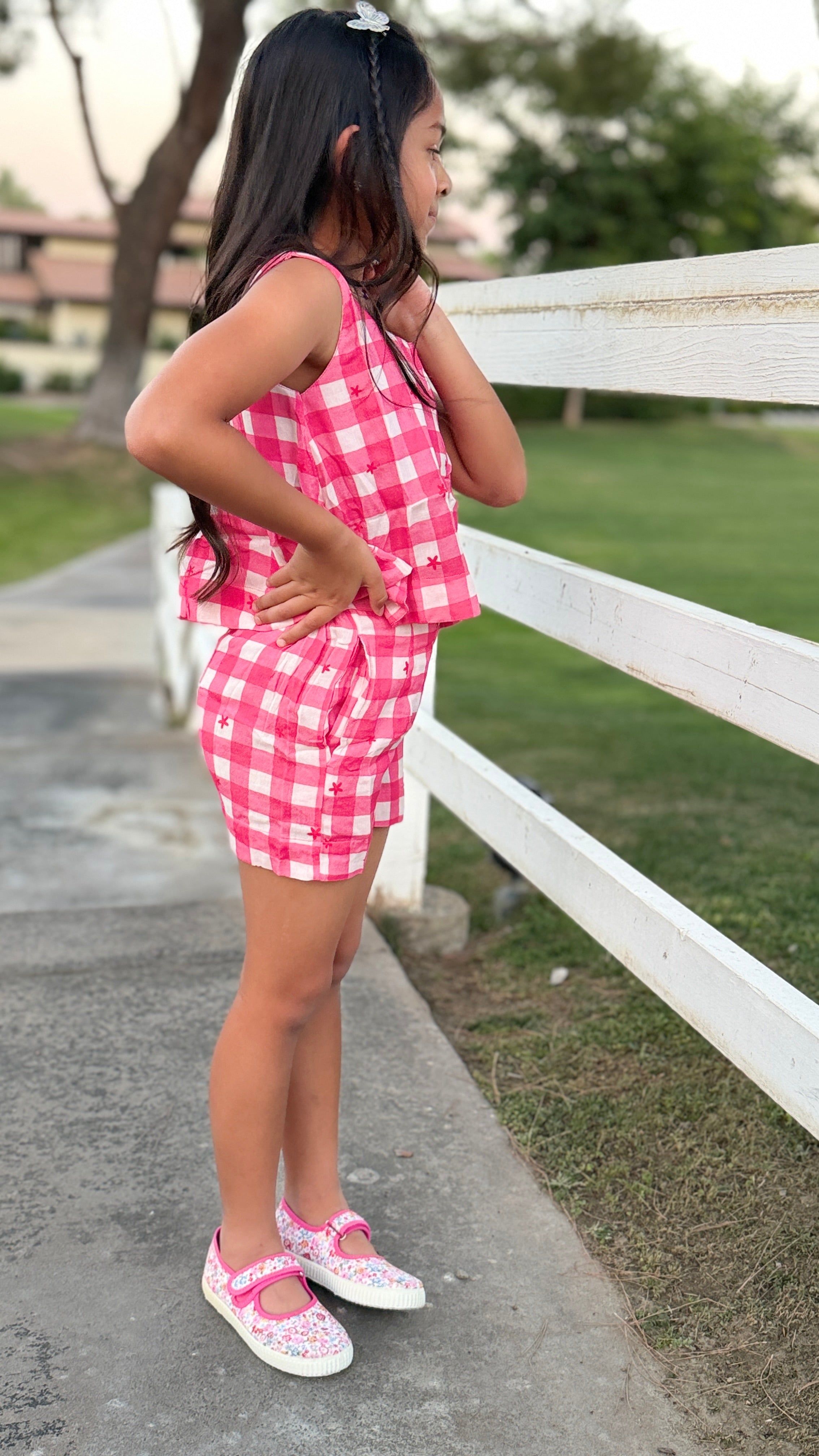 Girls Gingham Top and Shorts Set — Hot Pink Star Embroidery