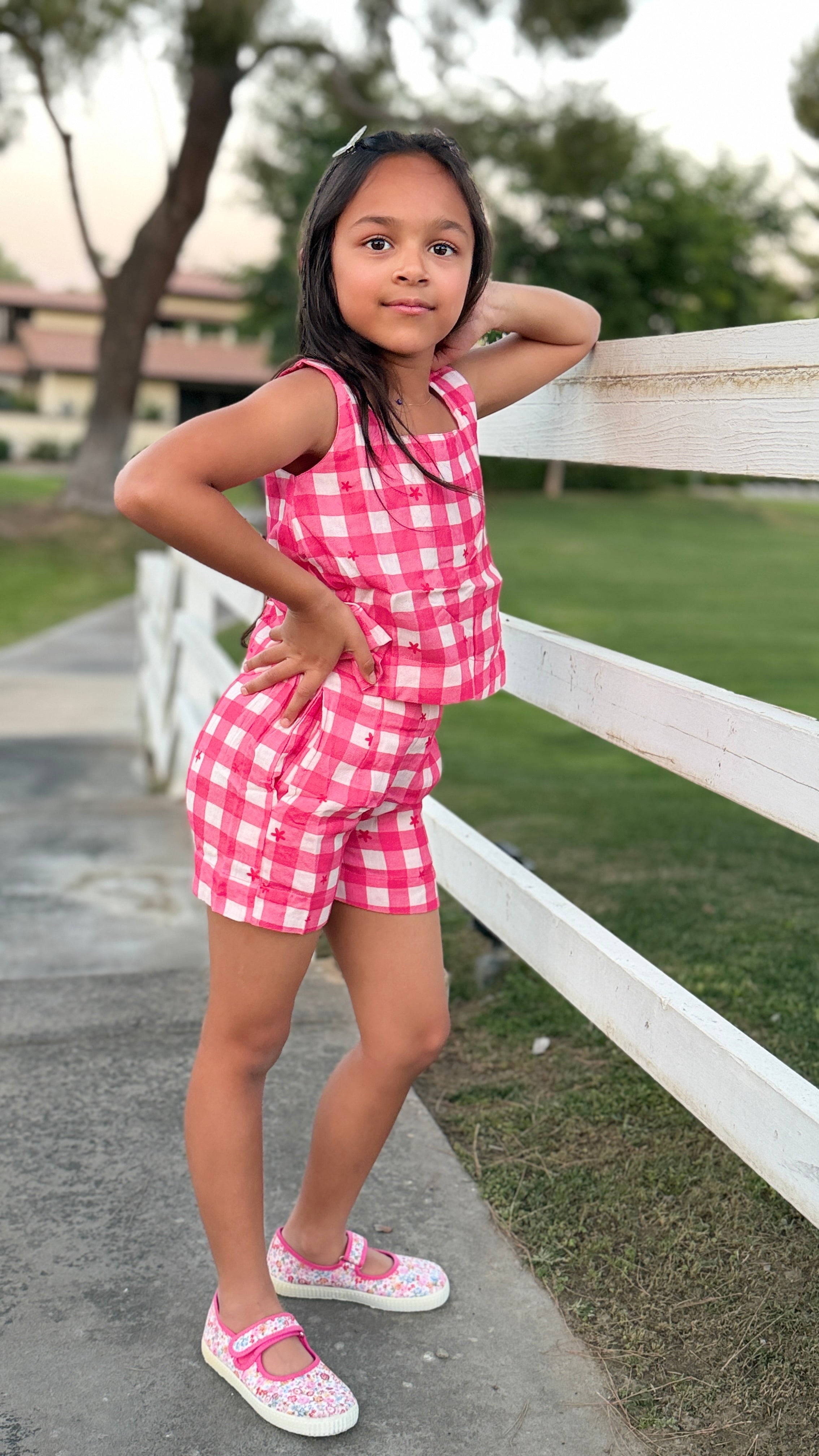 Girls Gingham Top and Shorts Set — Hot Pink Star Embroidery