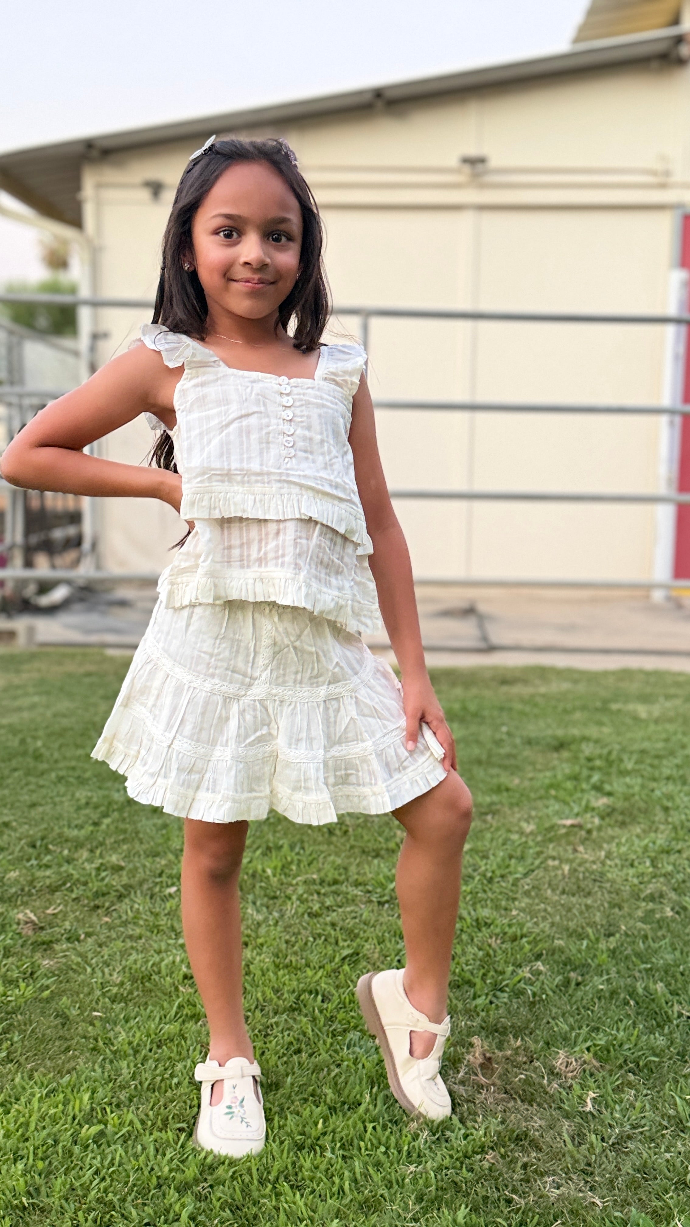 Girls Tiered Ruffle Dress — Cream Lace Trim with Button Detail