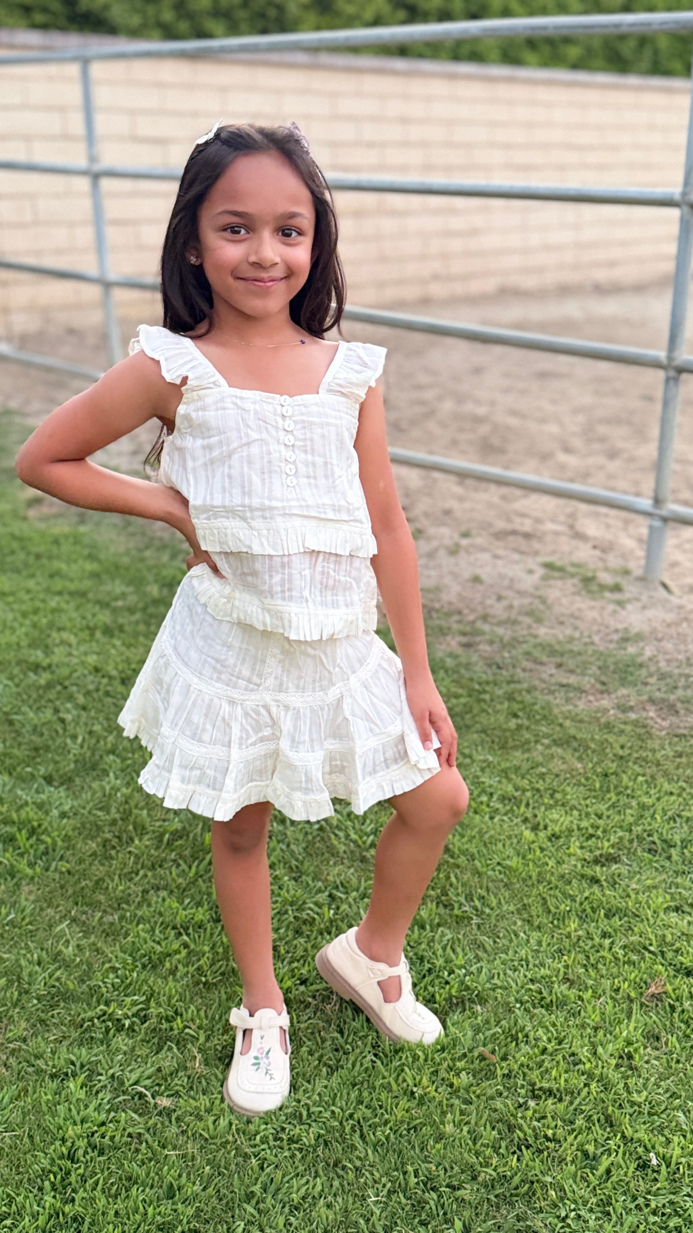 Girls Tiered Ruffle Dress — Cream Lace Trim with Button Detail