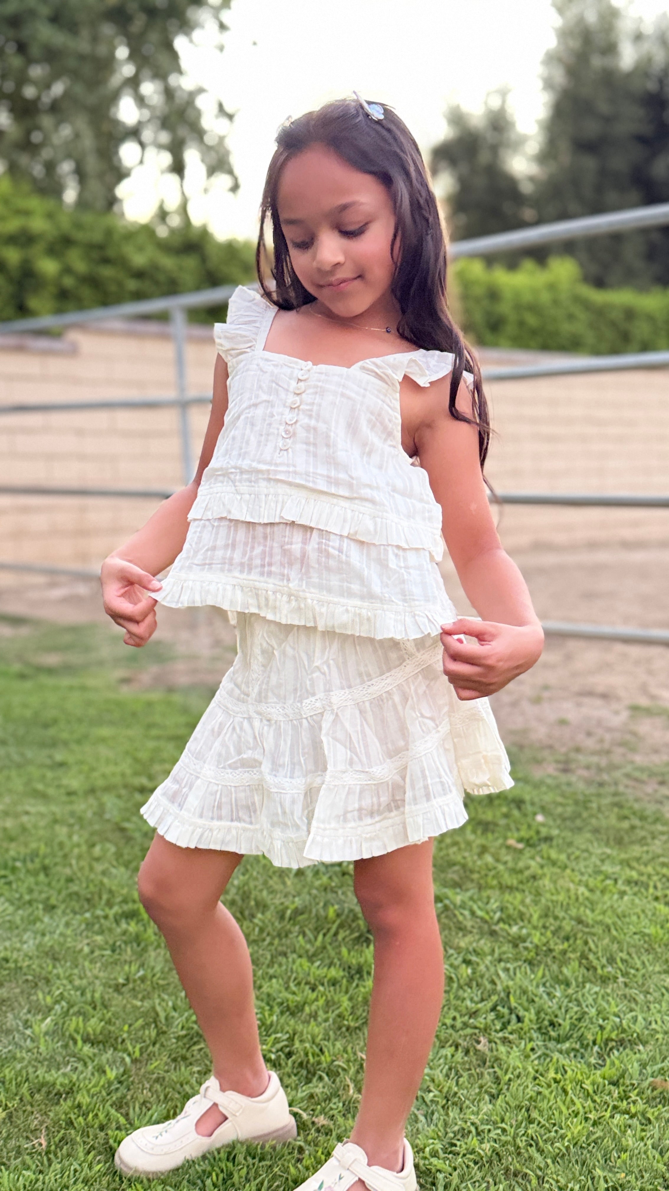 Girls Tiered Ruffle Dress — Cream Lace Trim with Button Detail