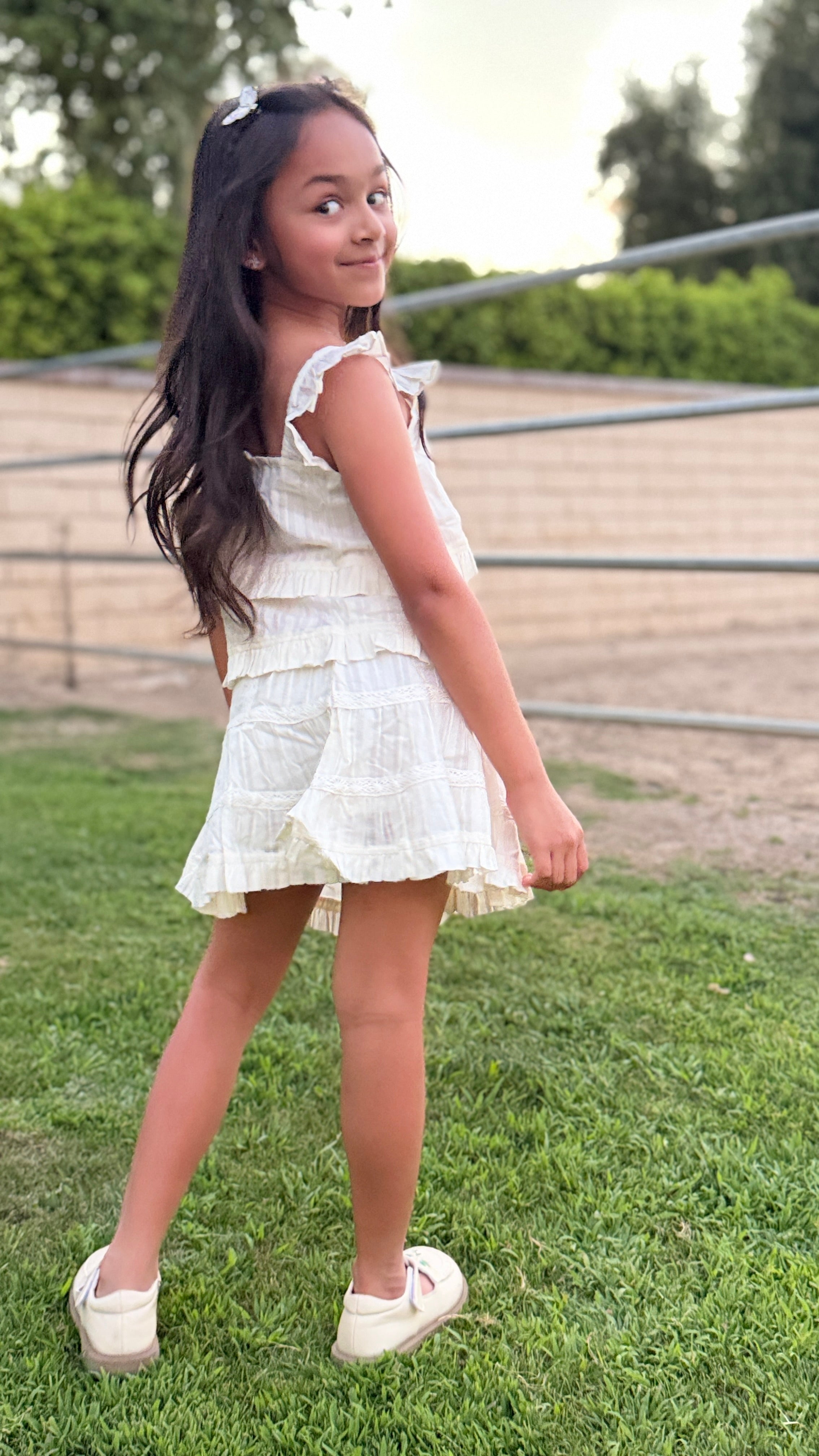 Girls Tiered Ruffle Dress — Cream Lace Trim with Button Detail