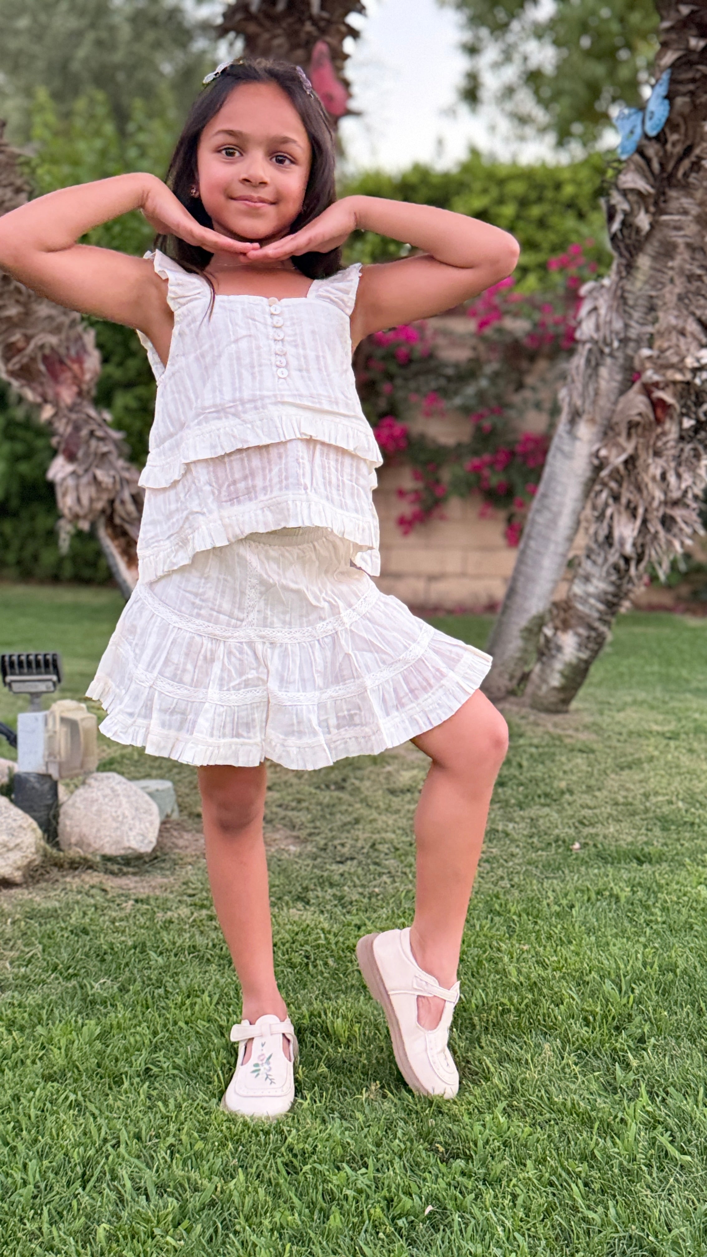 Girls Tiered Ruffle Dress — Cream Lace Trim with Button Detail