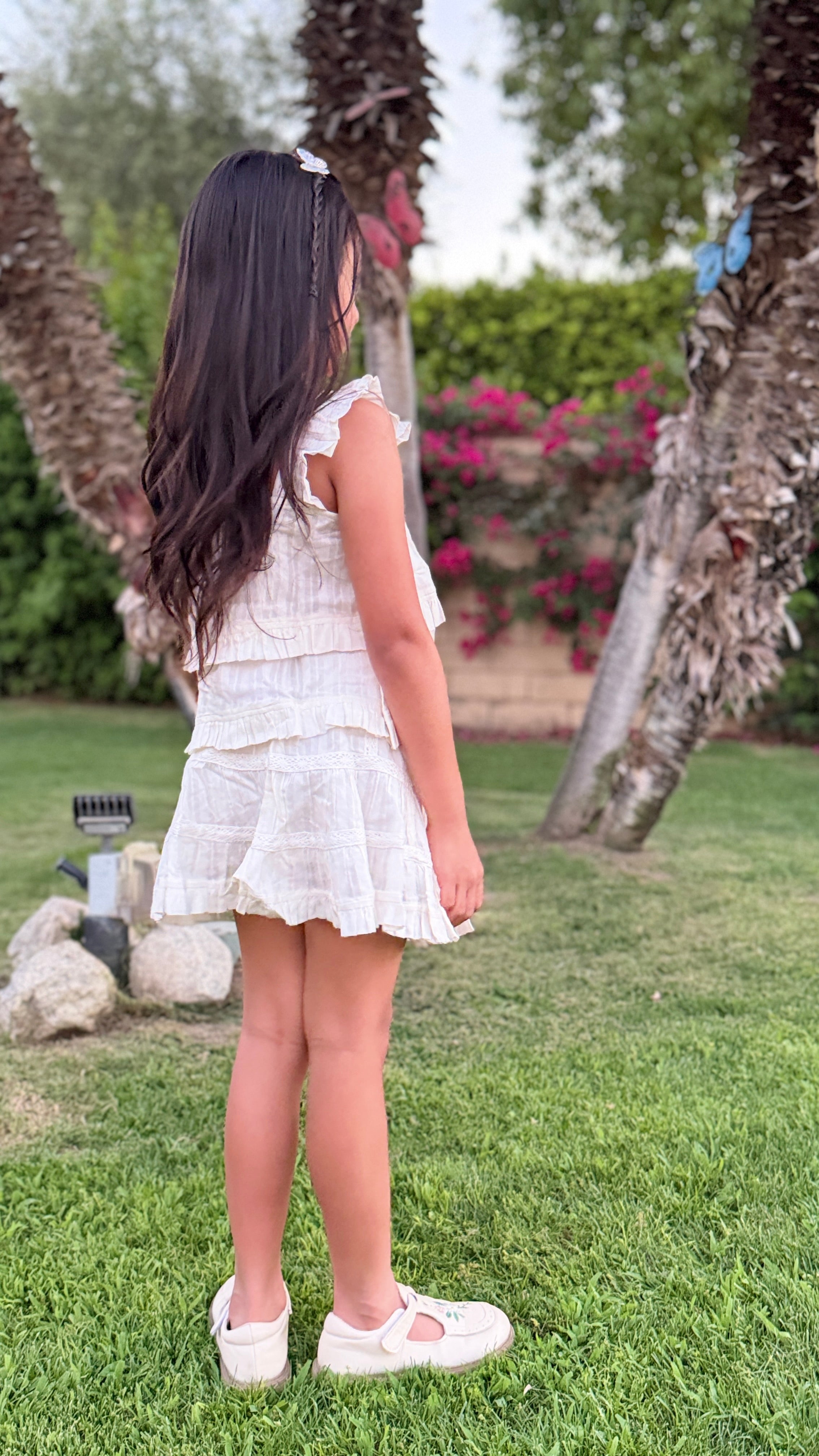 Girls Tiered Ruffle Dress — Cream Lace Trim with Button Detail