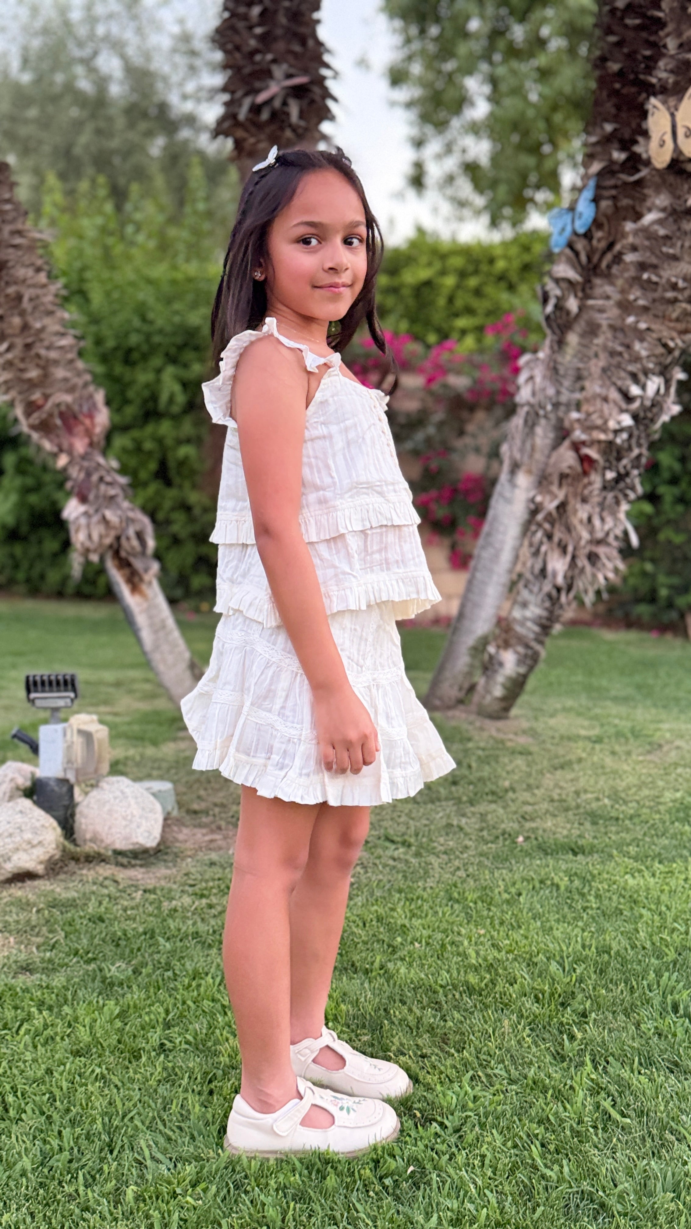 Girls Tiered Ruffle Dress — Cream Lace Trim with Button Detail