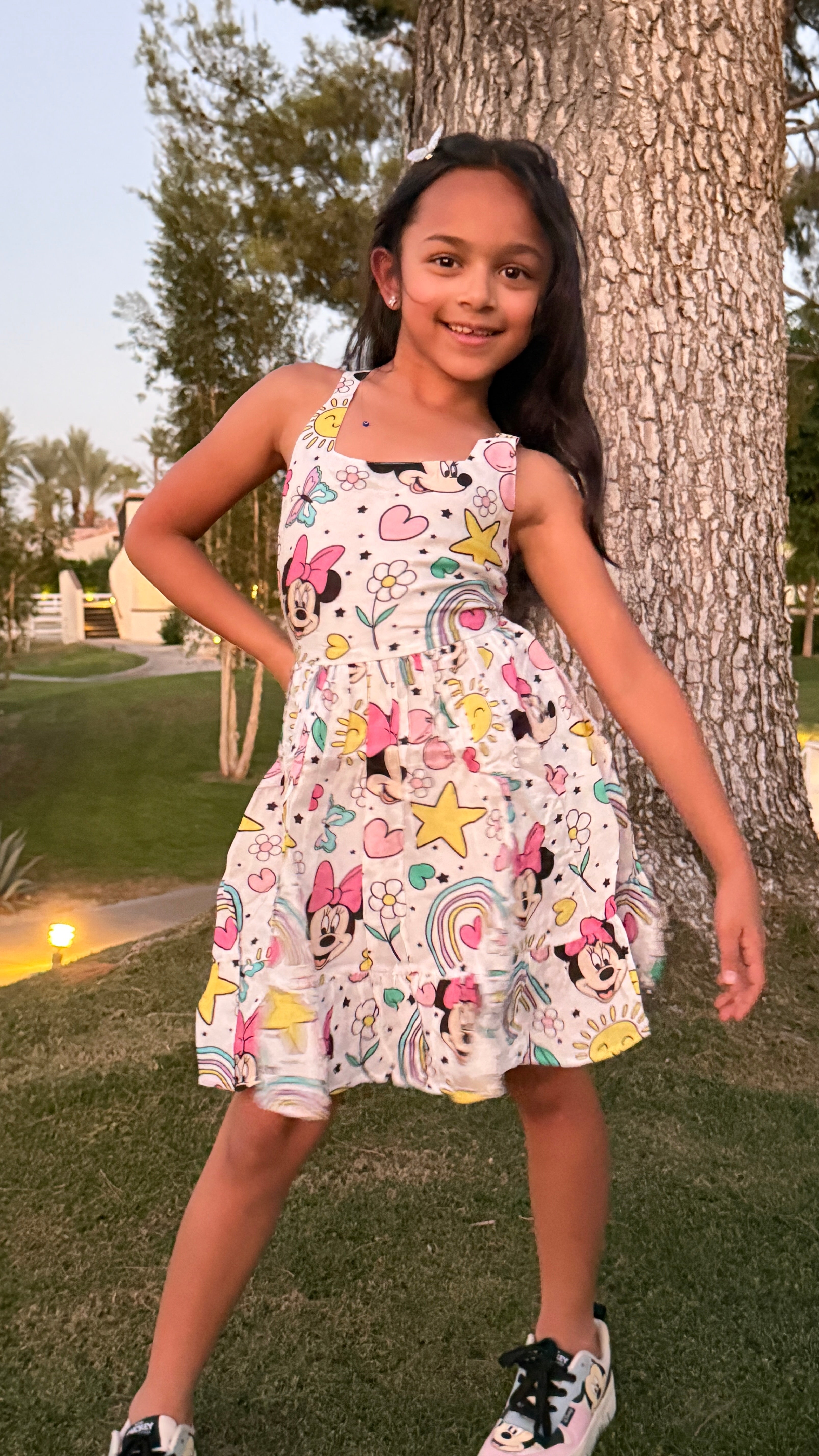 Girls Twirl Dress — White Iconic Bow Character Print with Sweetheart Neckline
