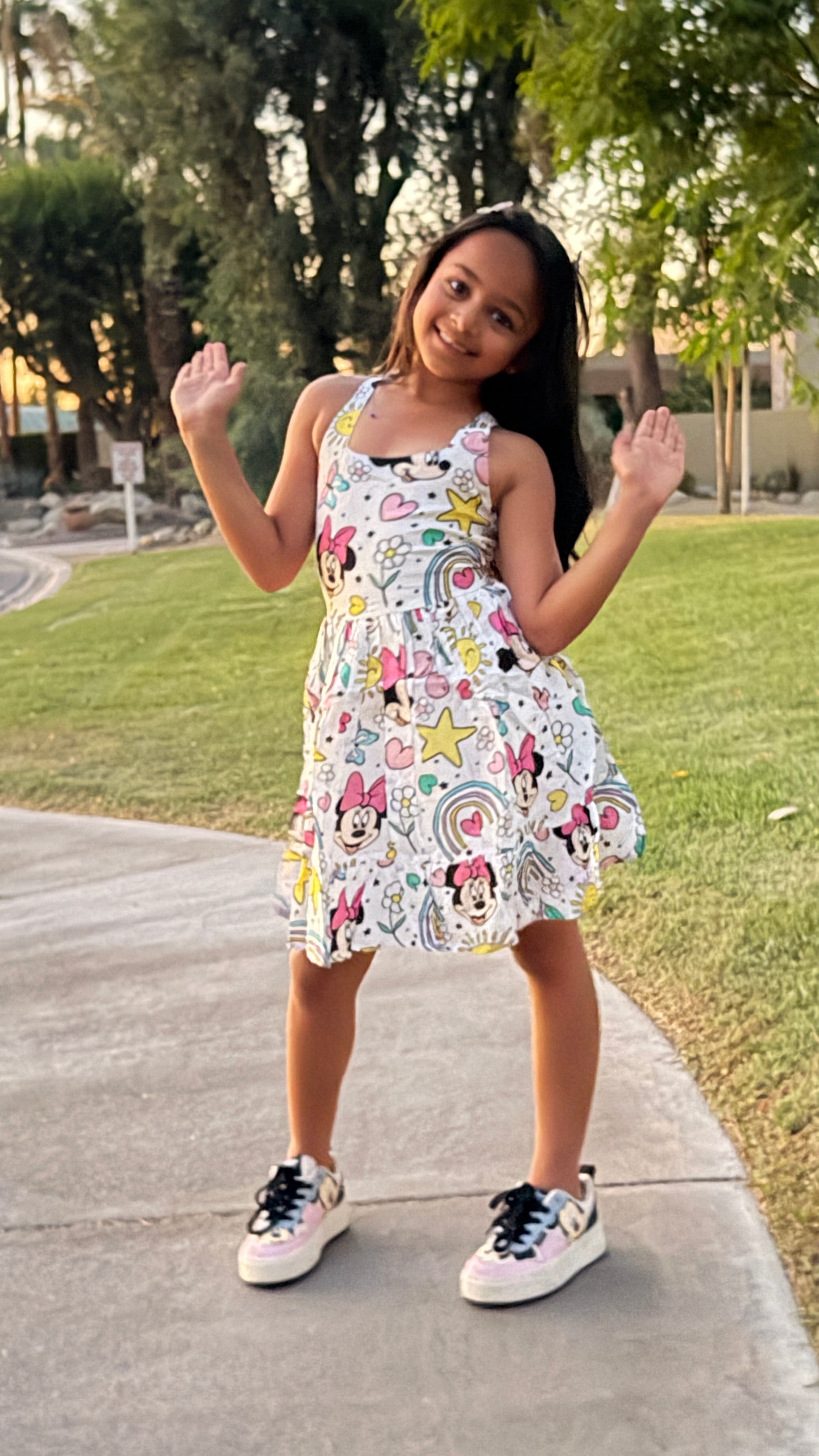 Girls Twirl Dress — White Iconic Bow Character Print with Sweetheart Neckline