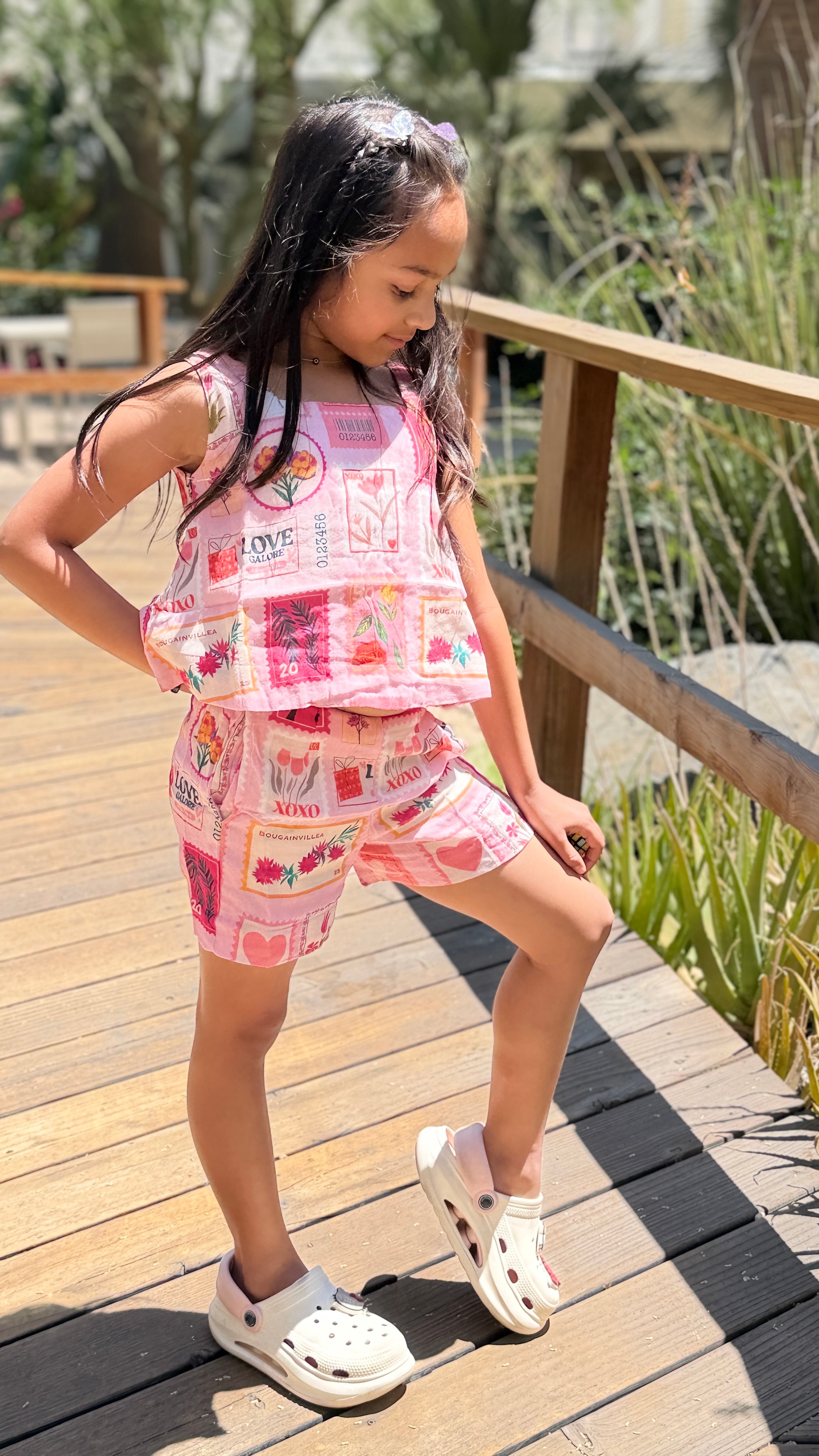 Girls Matching Top and Shorts — Pink Floral Stamp Print