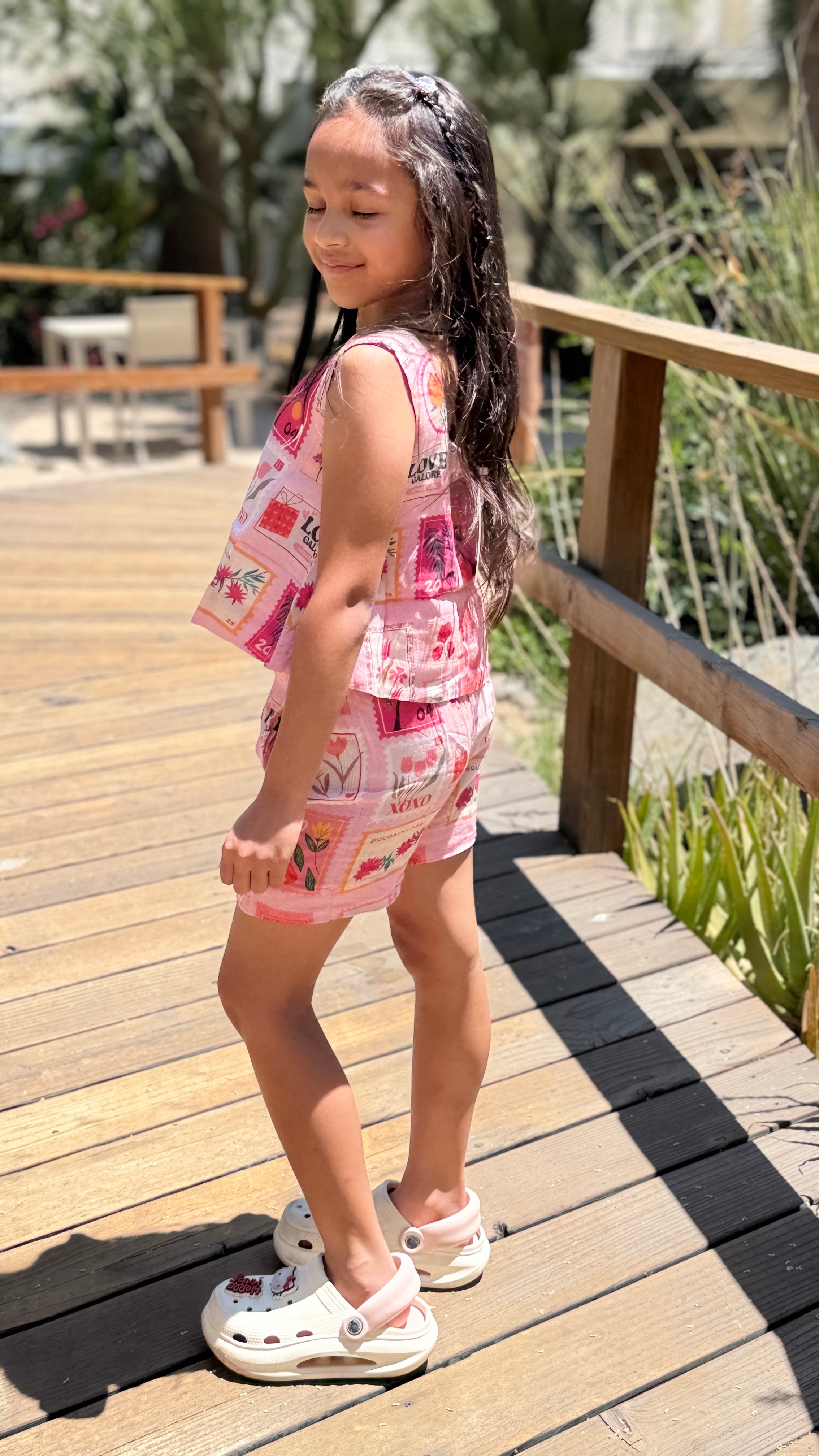 Girls Matching Top and Shorts — Pink Floral Stamp Print