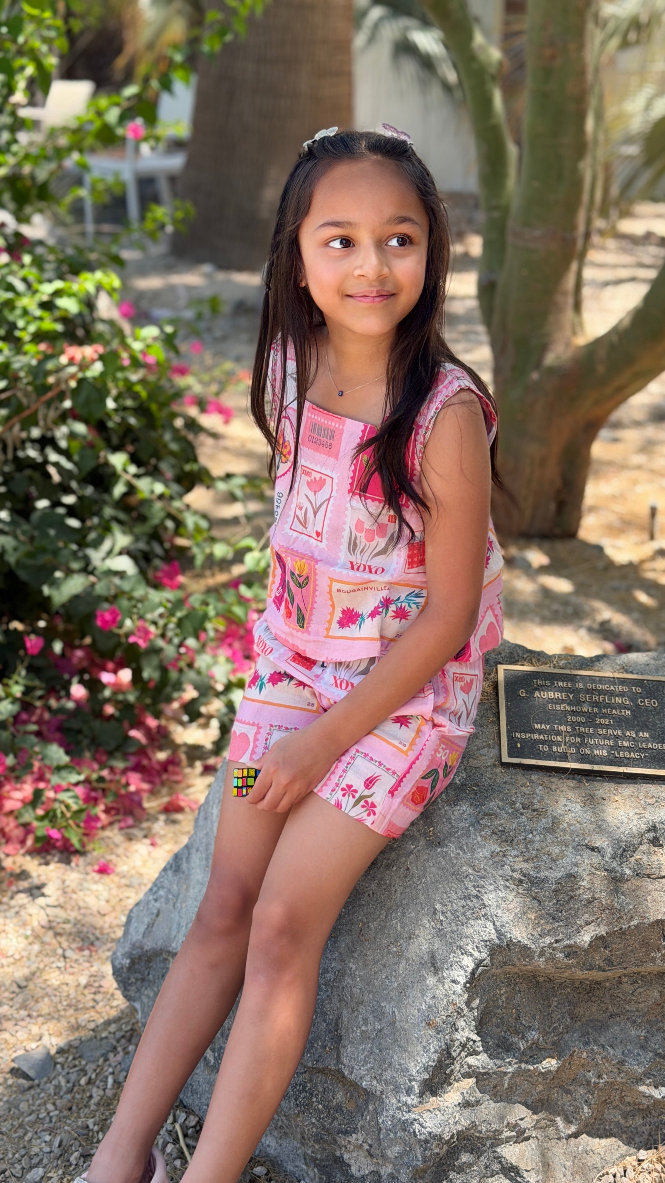 Girls Matching Top and Shorts — Pink Floral Stamp Print