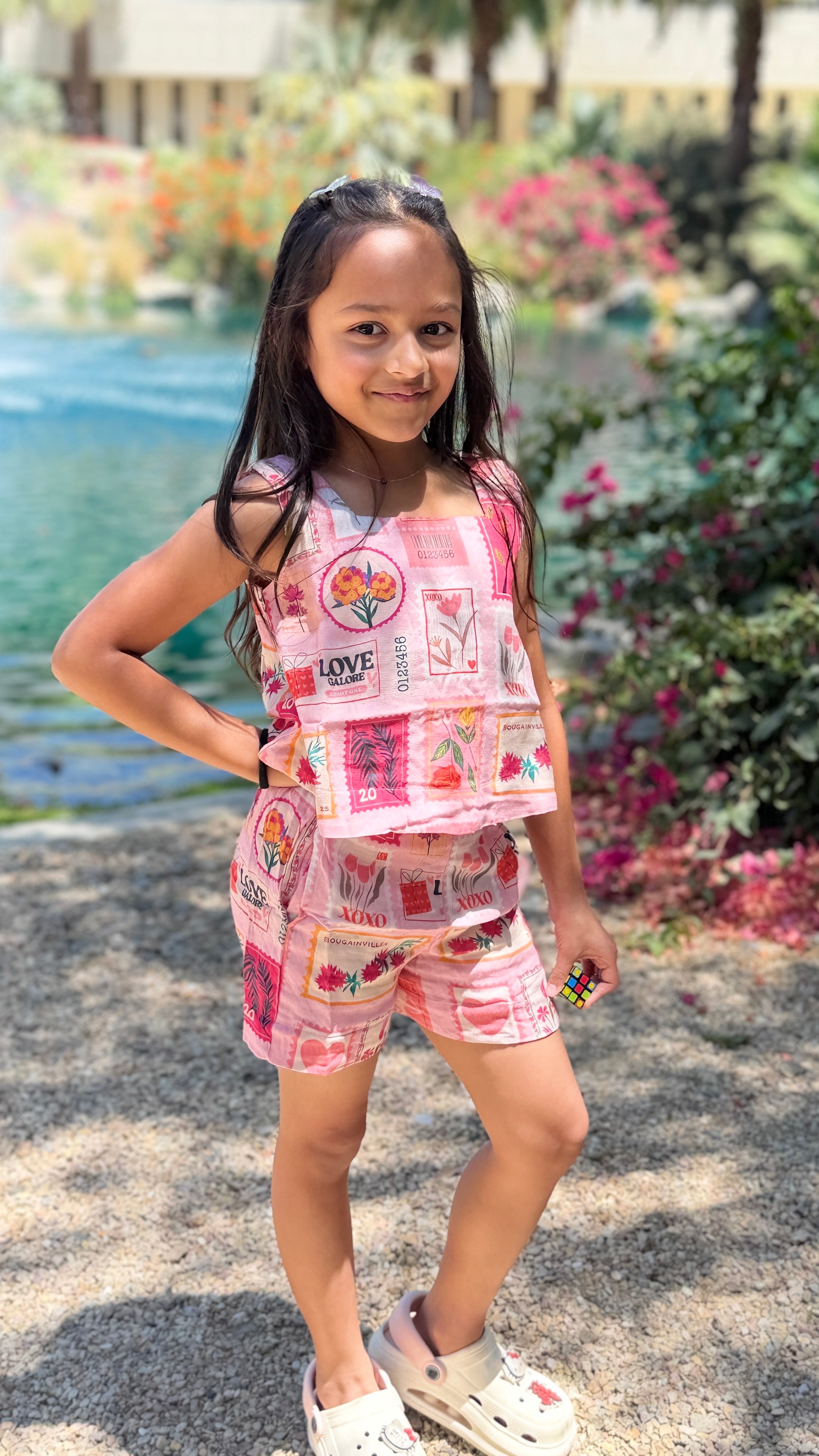 Girls Matching Top and Shorts — Pink Floral Stamp Print
