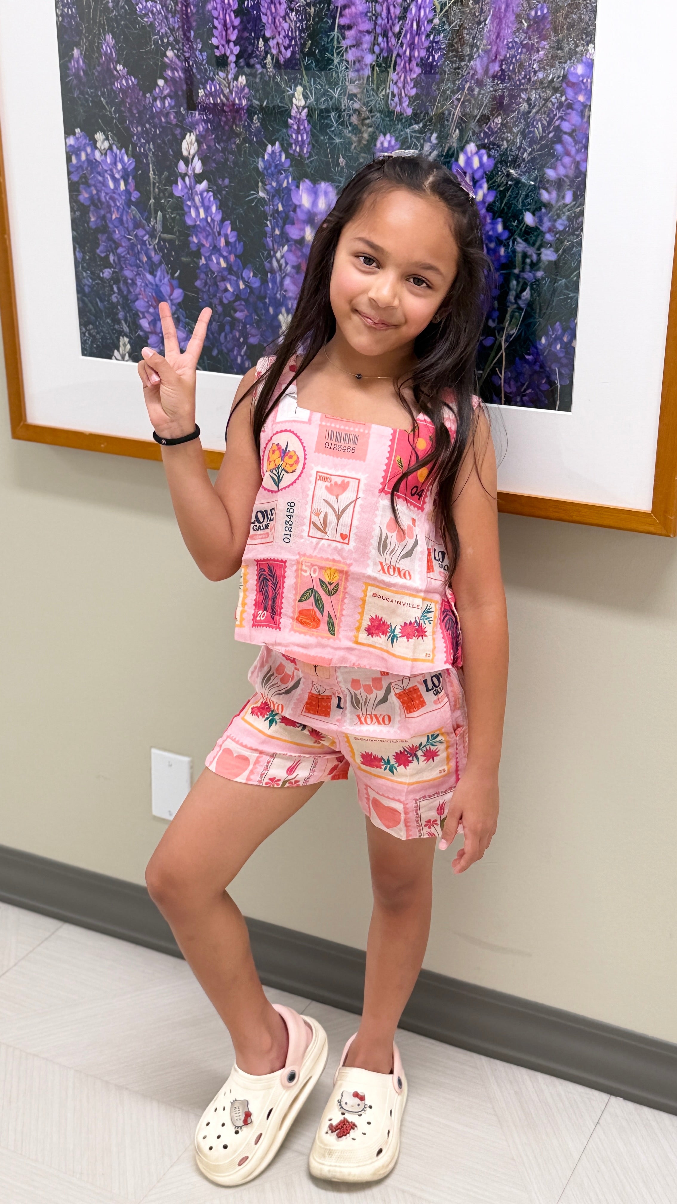 Girls Matching Top and Shorts — Pink Floral Stamp Print